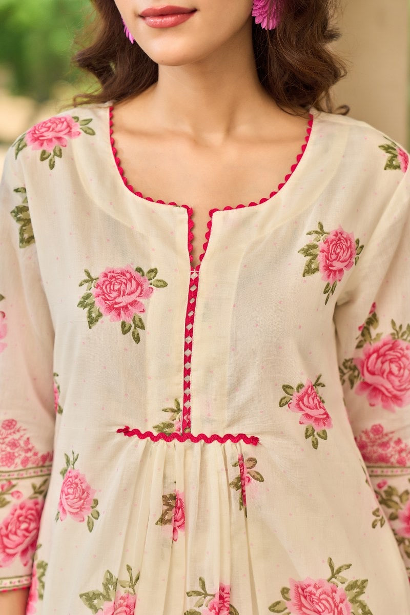 Pink Rose Pintex A - Line Kurta Set