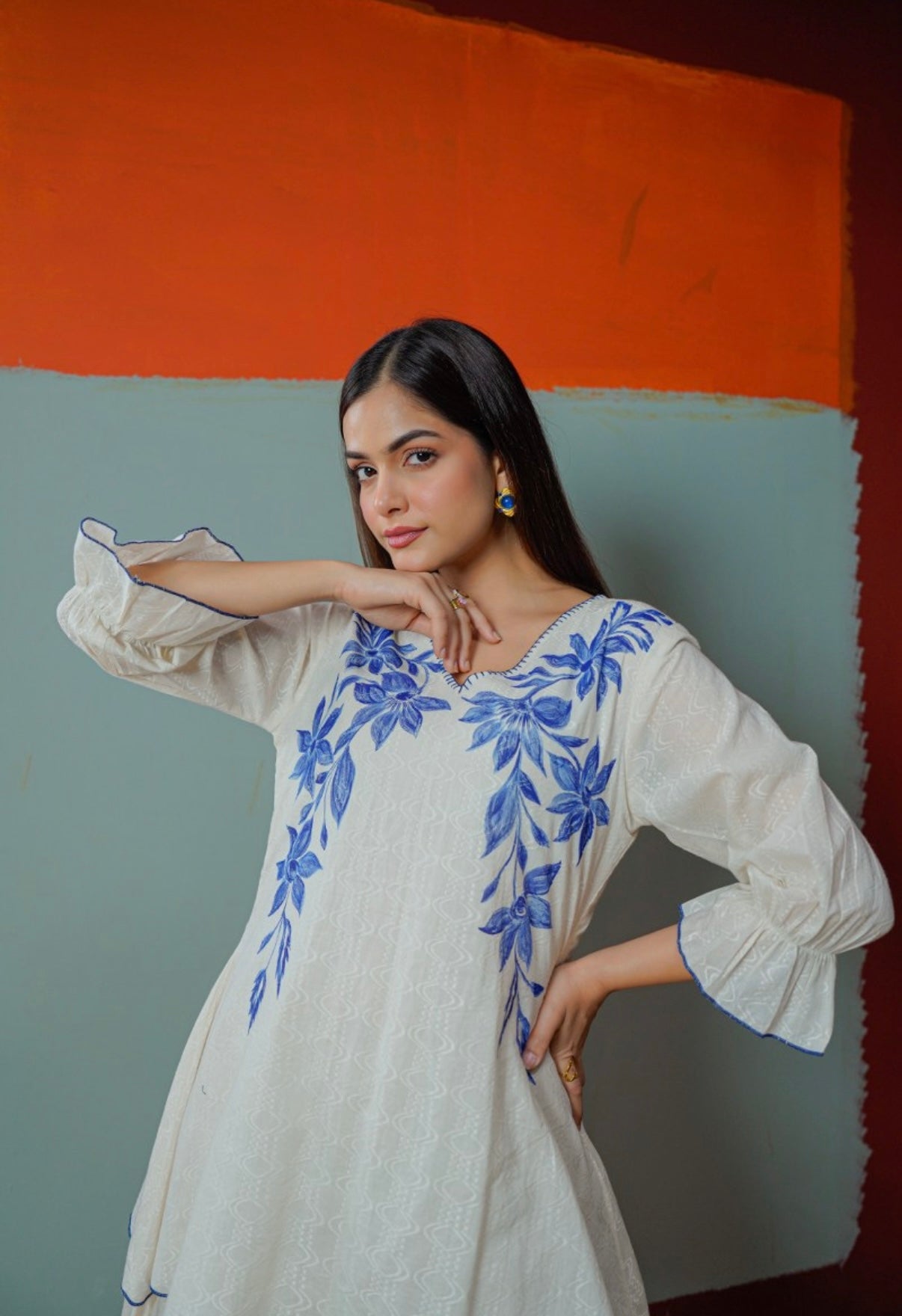 Blue Petals Hand-Painted Cotton Dress