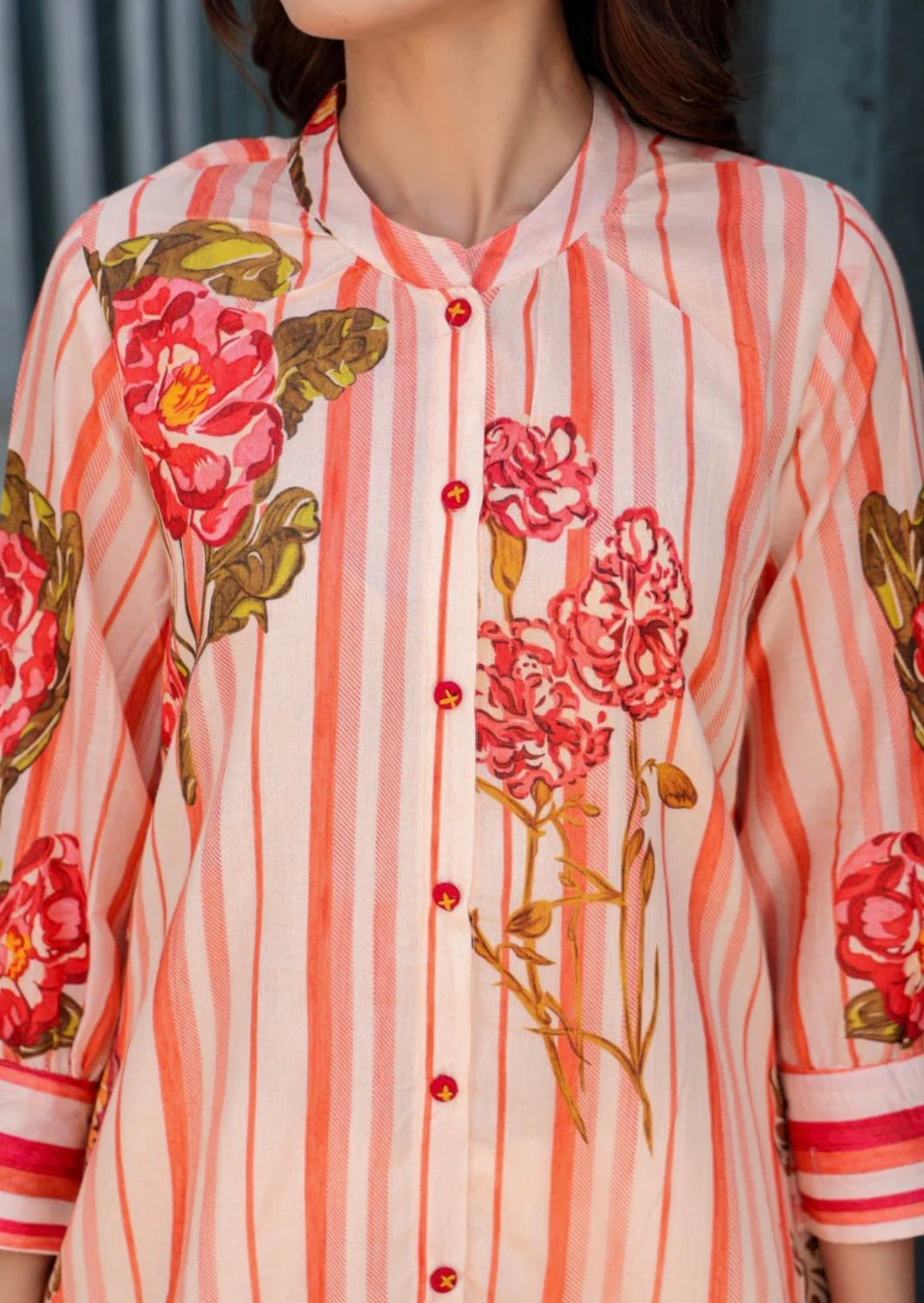 Peach Mal Cotton Floral Stripes Printed Kurta Set