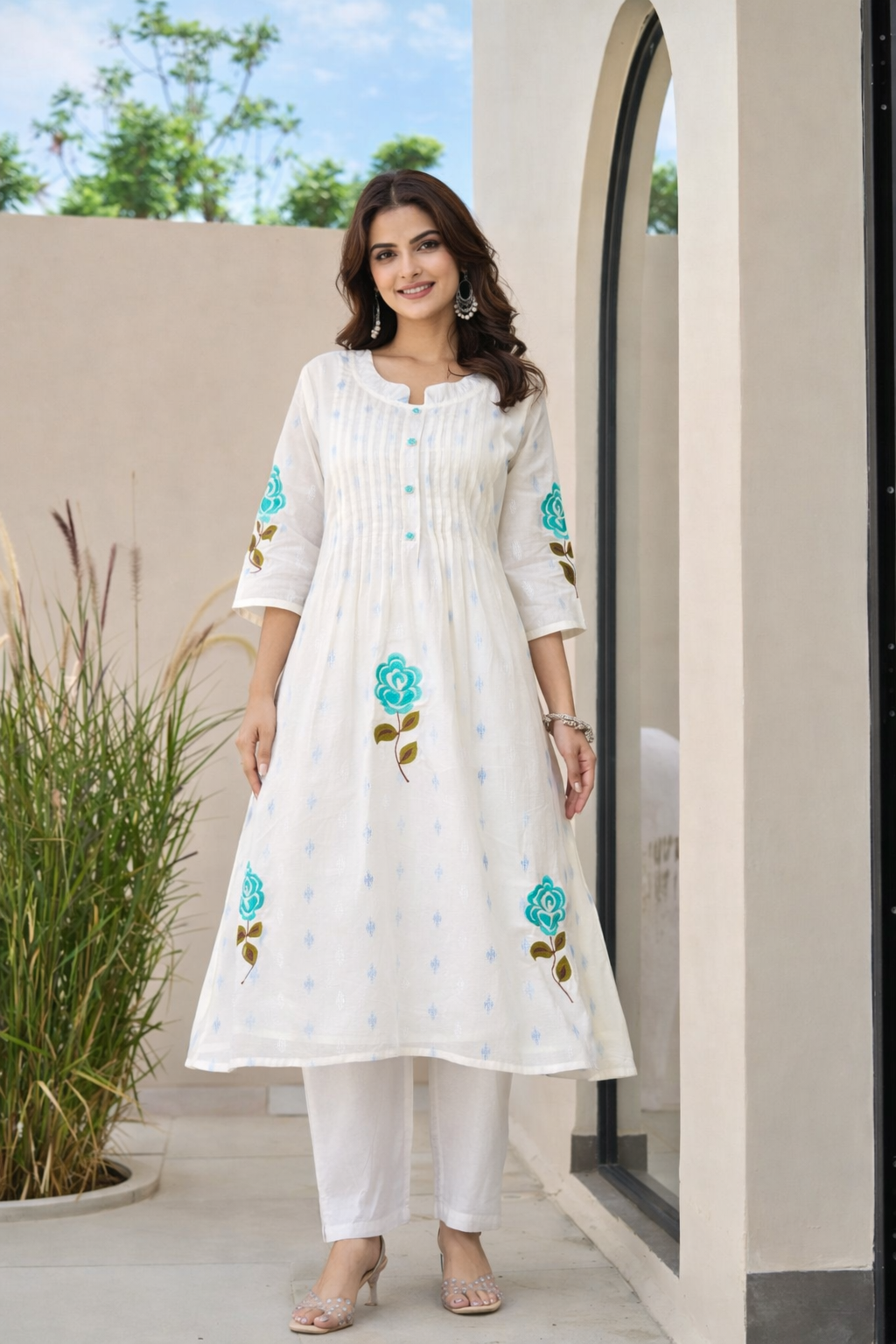 Sky Petal Aqua Embroidered White Kurta Set