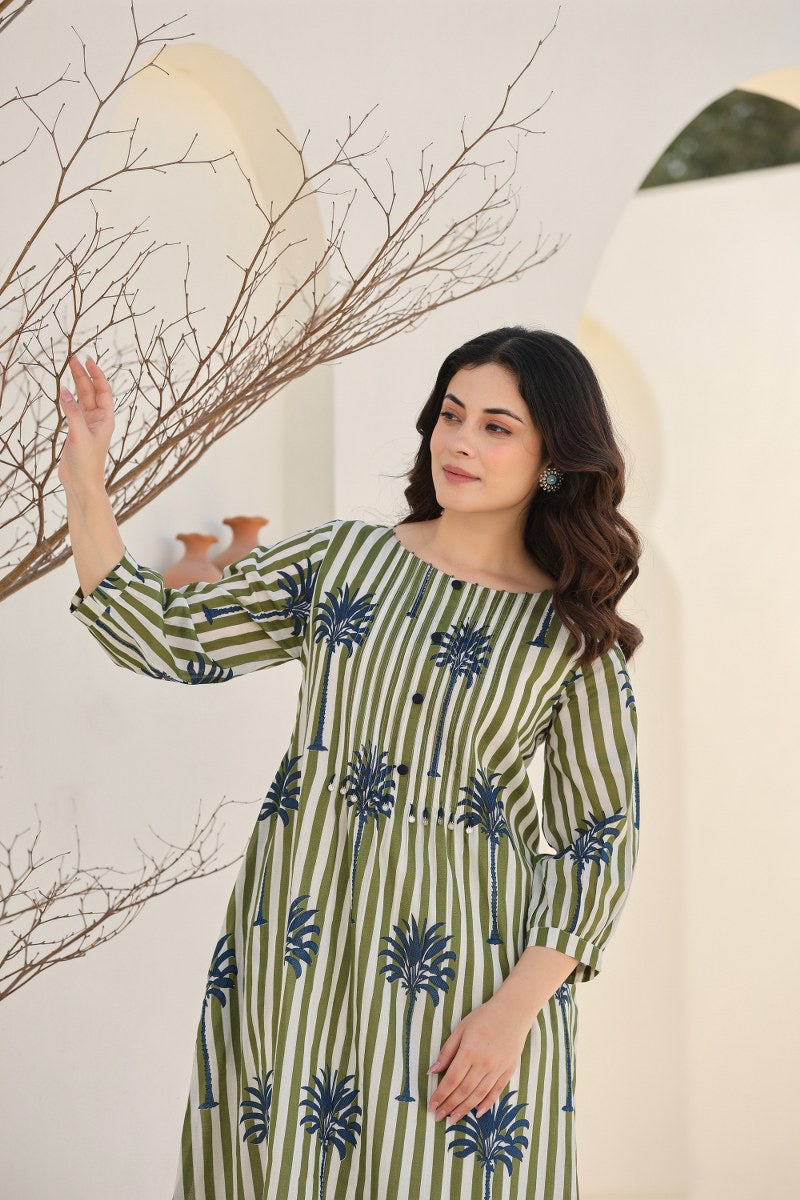 Tropical Floral Green Cotton Kurta Set