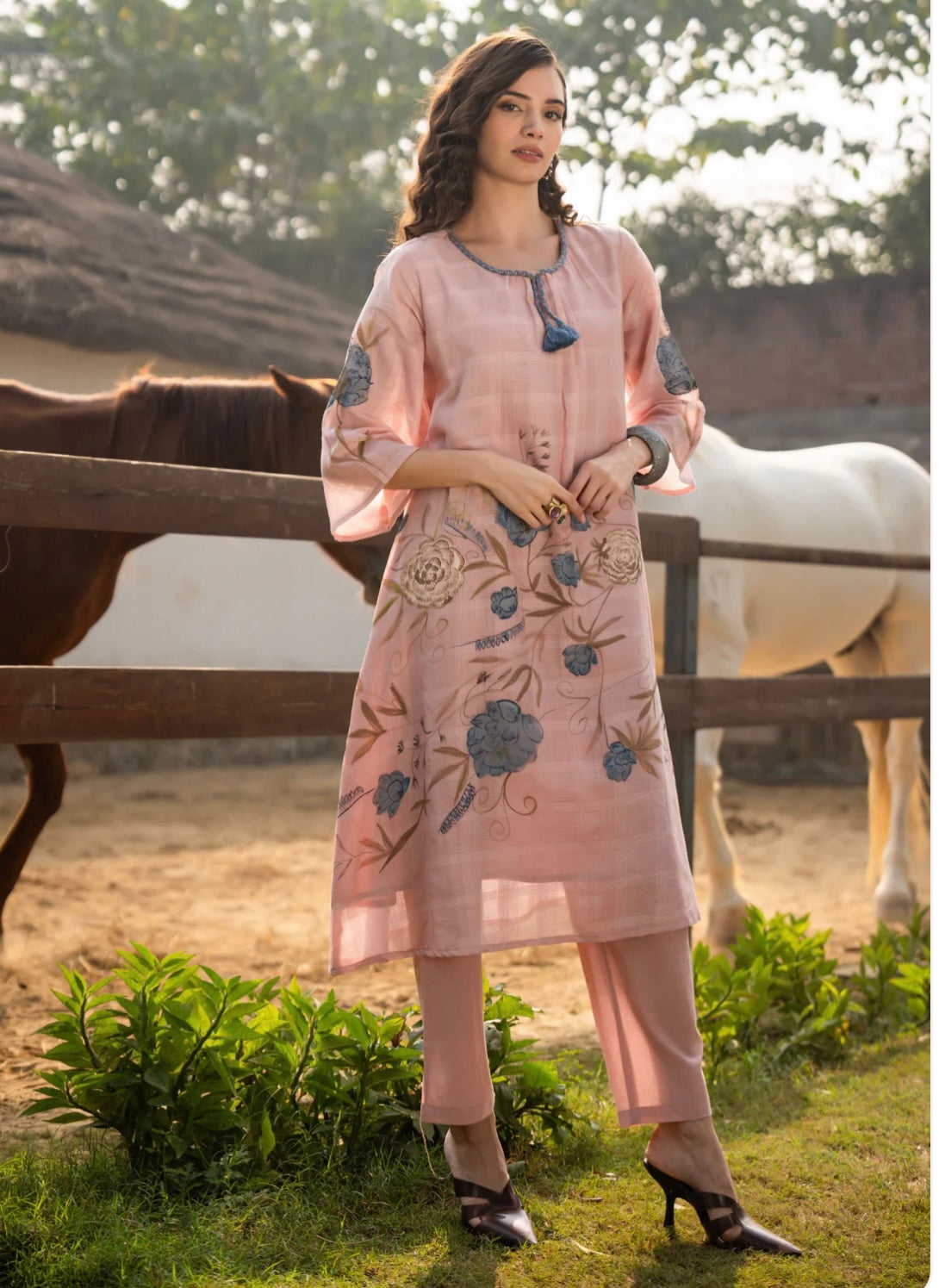 BLUSH PINK MAL COTTON HAND-PAINTED FLORAL KURTA SET WITH PANTS ELEGANT SUMMER