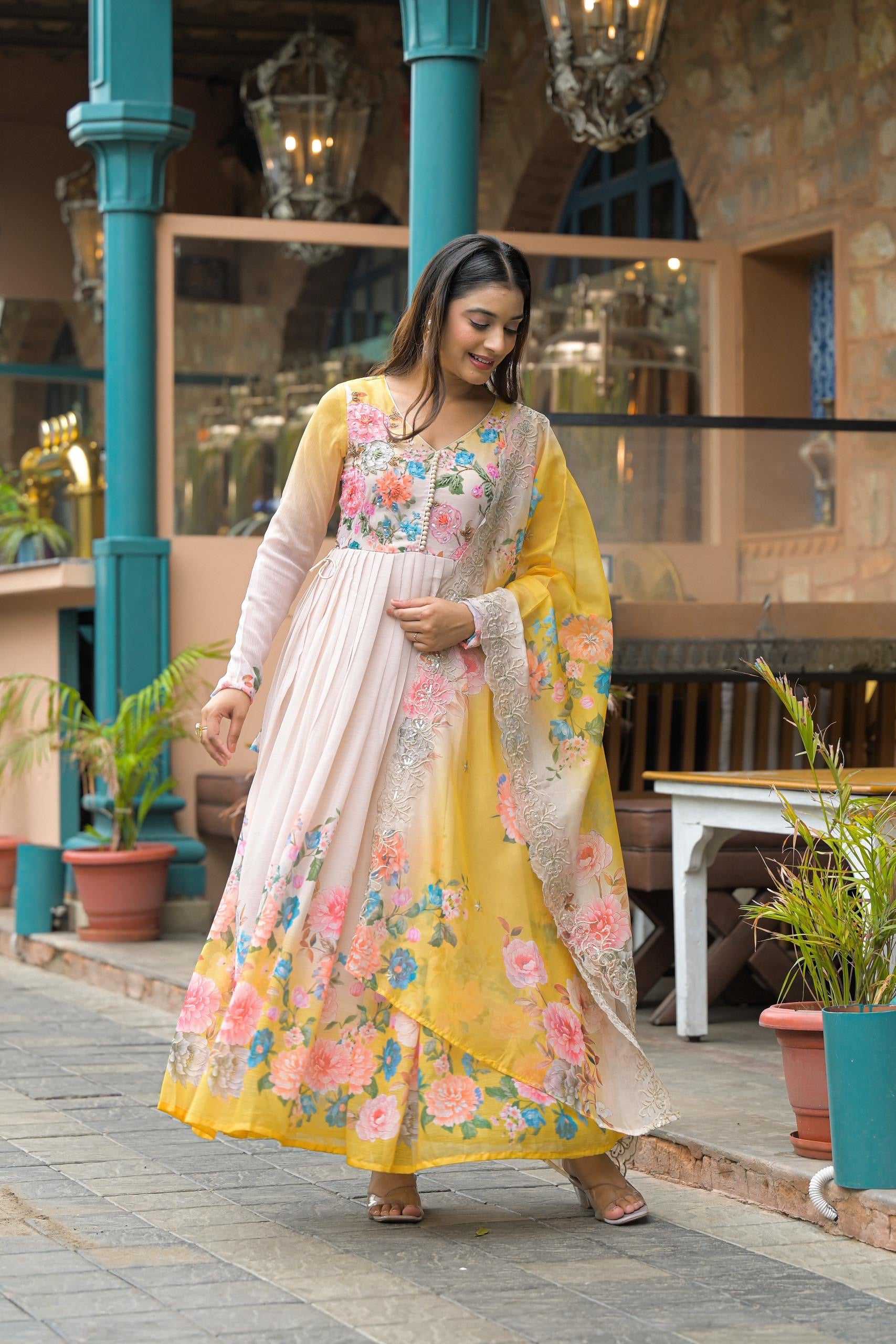 Millow Yellow Floral Embroidered Anarkali Suit Set