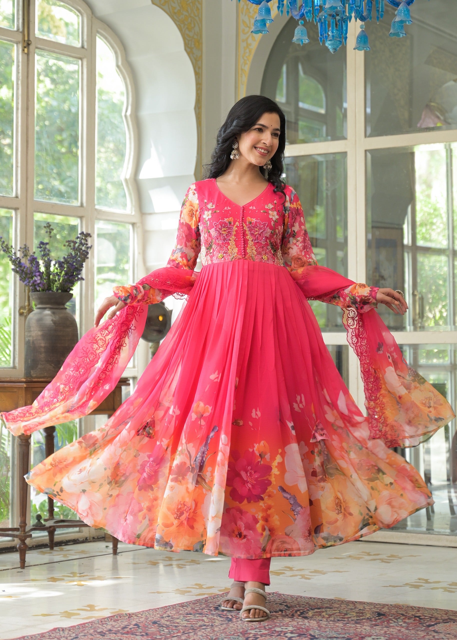 Rani Ombre Floral Embroidered Anarkali Suit Set