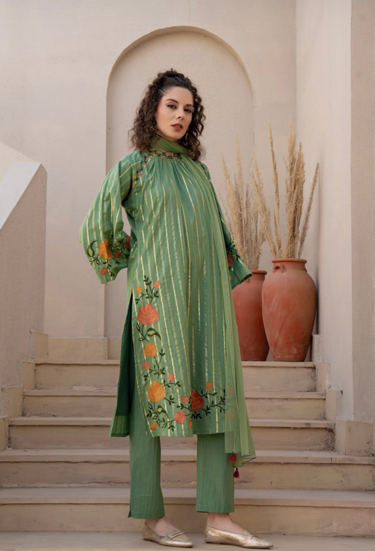 LAVANYA GREEN COTTON FLORAL EMBROIDERED SUIT SET