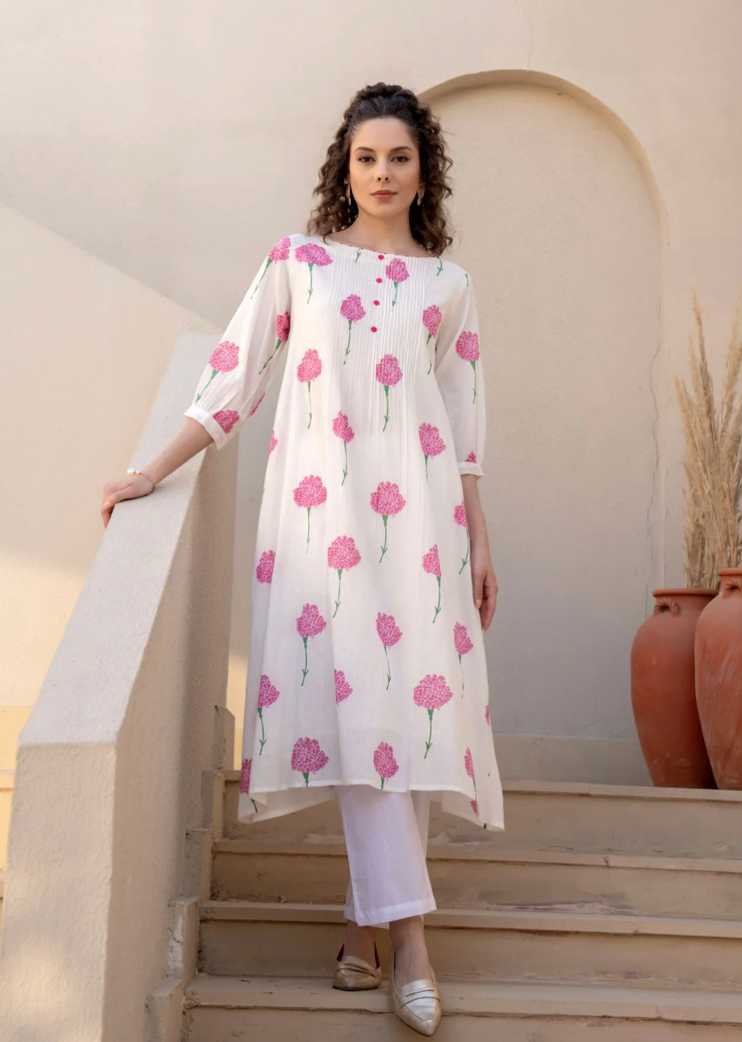 WHITE & PINK FLORAL COTTON KURTA SET FOR WOMEN KURTA WITH PANTS