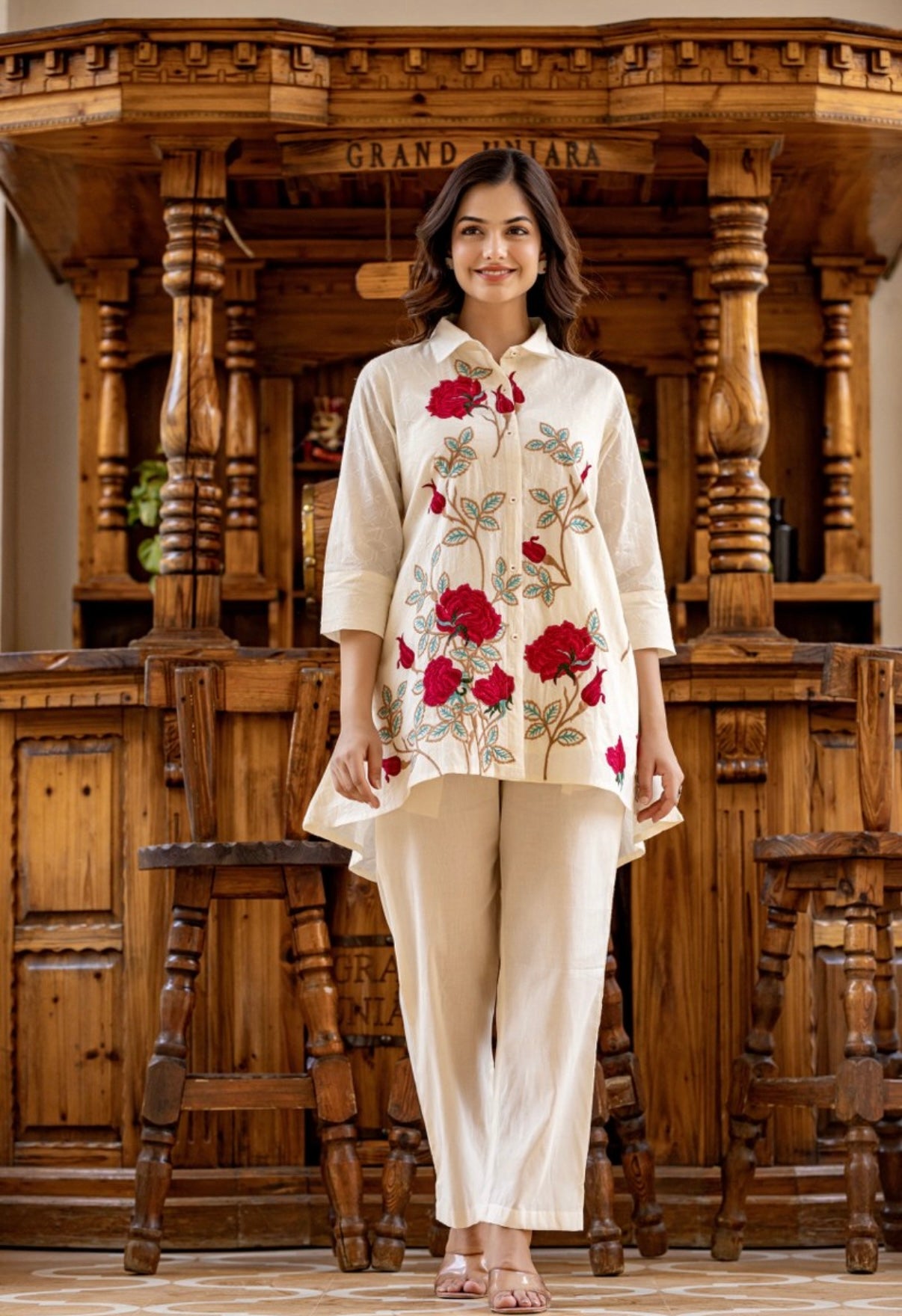 Rose Reverie Embroidered Cotton Coord Set