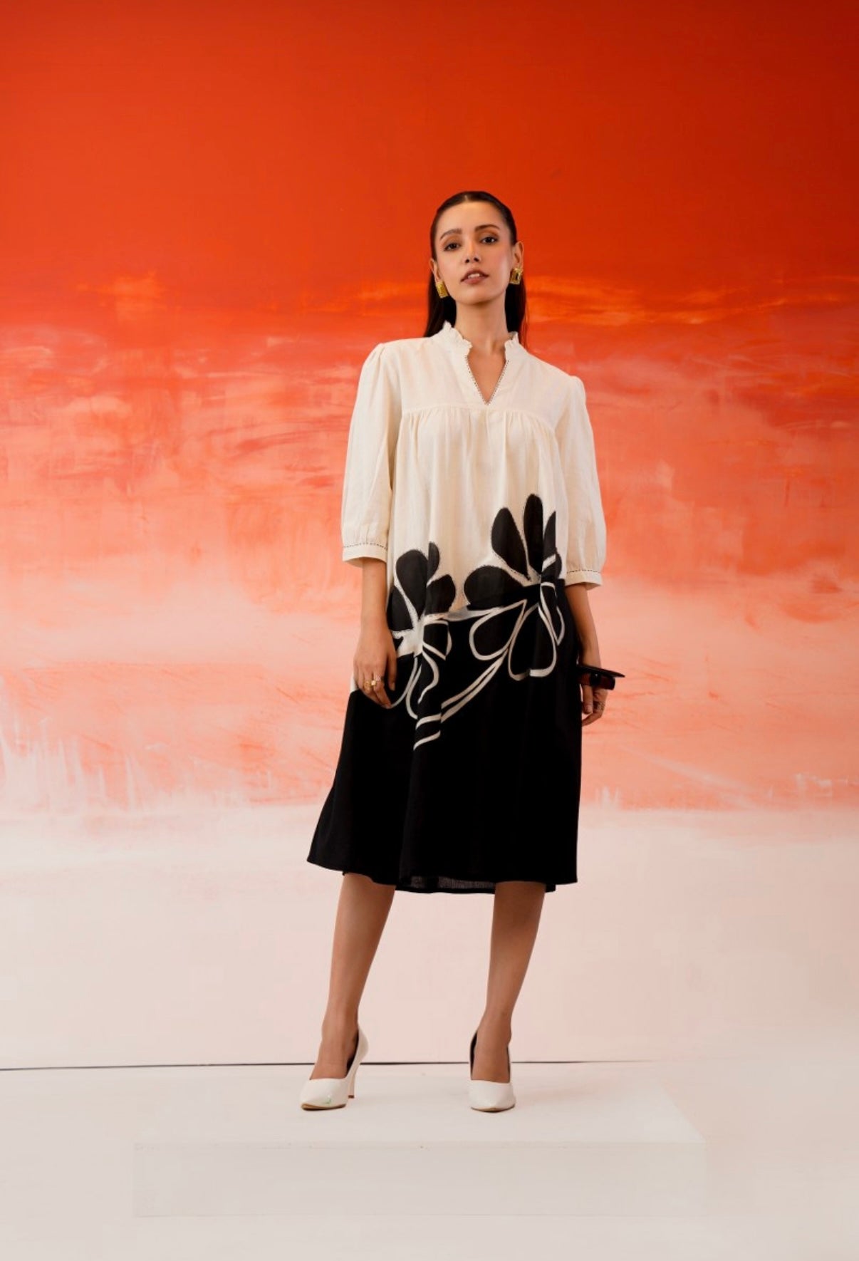 Monochrome Petals Midi Dress