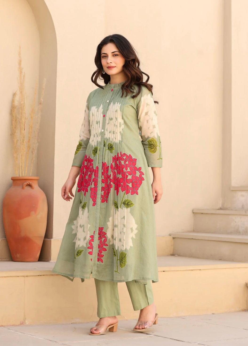 Sage Green Floral Printed Mal Cotton Kurta Set For Women – Light weight Summer Ethnic Wear