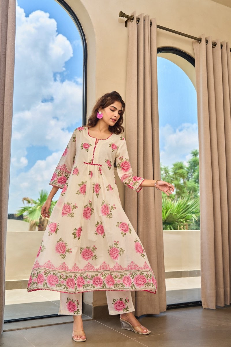 Pink Rose Pintex A - Line Kurta Set