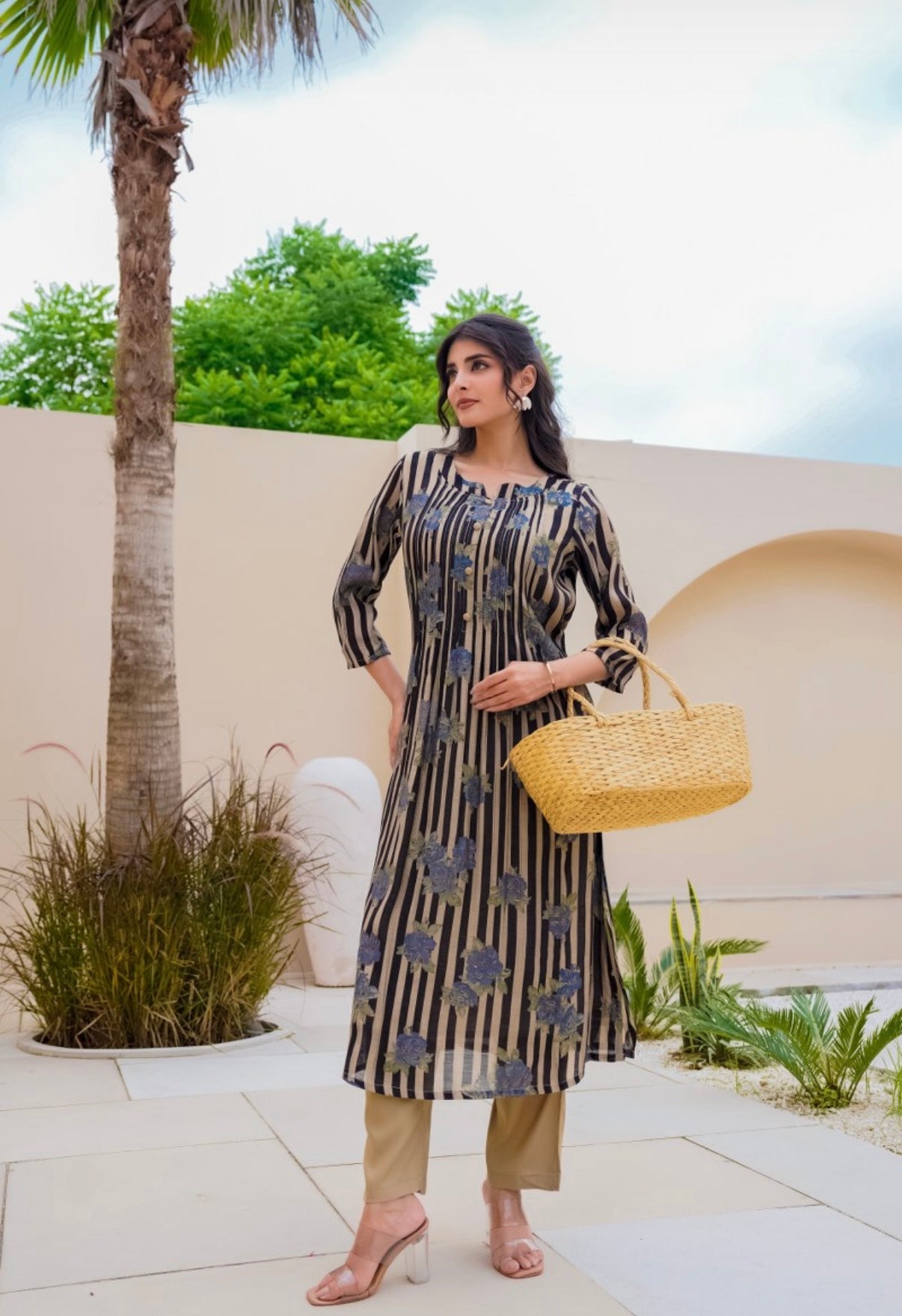 Midnight Stripe Bloom Cotton Kurta Set