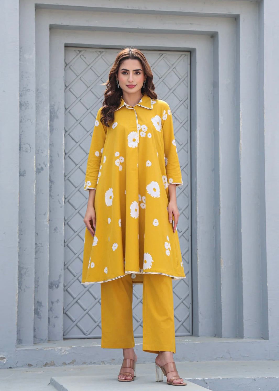 MUSTARD YELLOW FLORAL COTTON CO-ORDS SET A-LINE KURTA & PANTS
