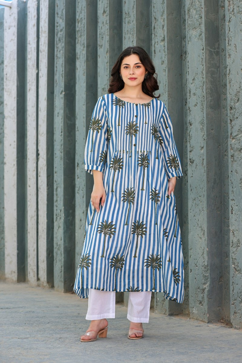 Tropical Floral Blue Cotton Kurta Set