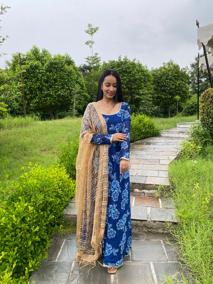 Dreamy blue floral Anarkali suit set 