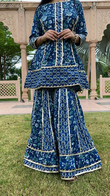 Blue Printed Gota work cotton Sharara suit-set