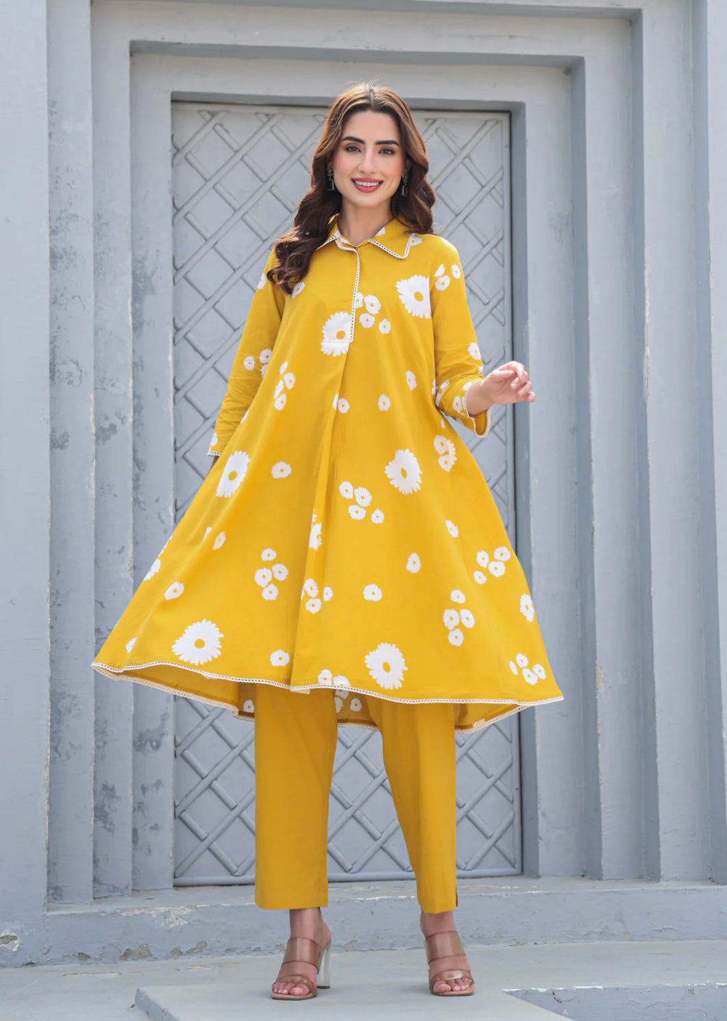 MUSTARD YELLOW FLORAL COTTON CO-ORDS SET A-LINE KURTA & PANTS
