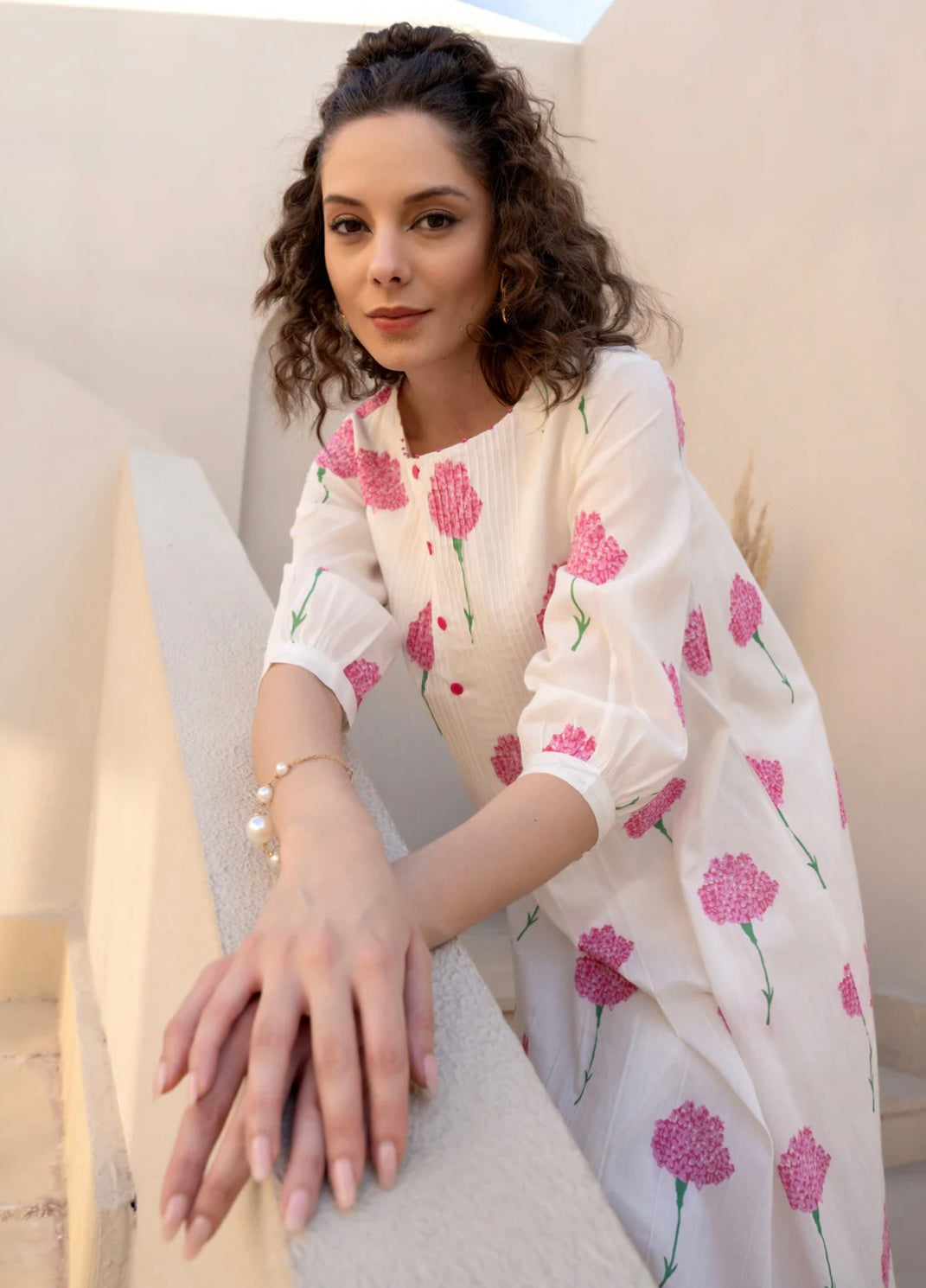 WHITE & PINK FLORAL COTTON KURTA SET FOR WOMEN KURTA WITH PANTS