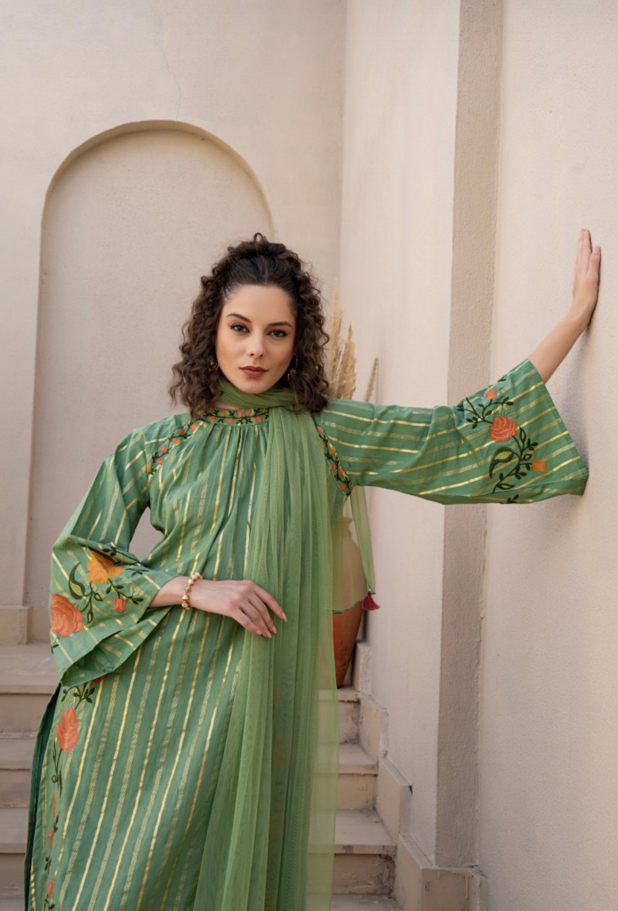 LAVANYA GREEN COTTON FLORAL EMBROIDERED SUIT SET