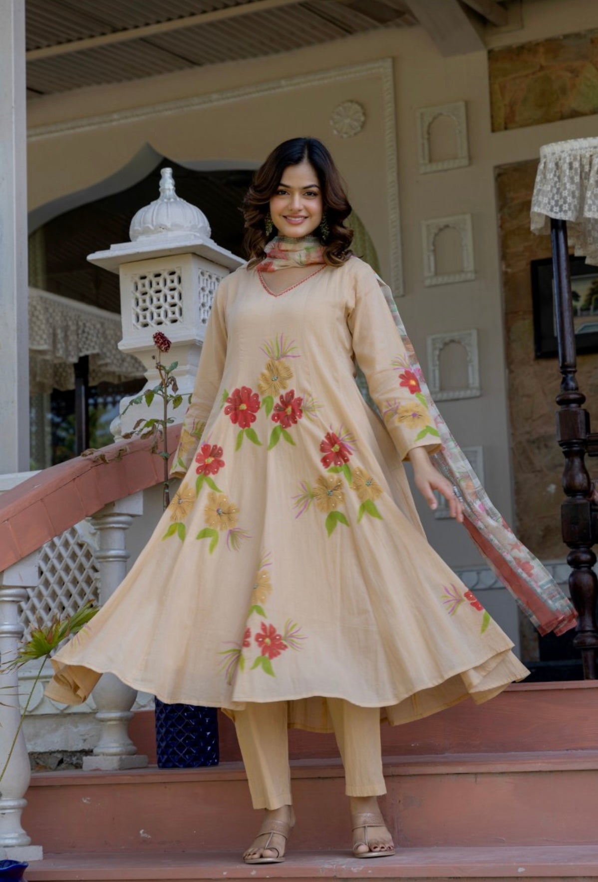 BLOSSOM ELEGANCE BEIGE COLOR COTTON EMBROIDERED SUIT SET