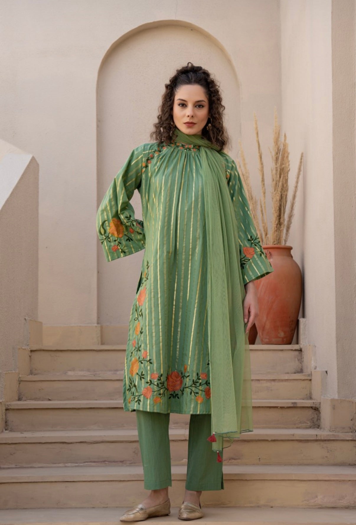 LAVANYA GREEN COTTON FLORAL EMBROIDERED SUIT SET
