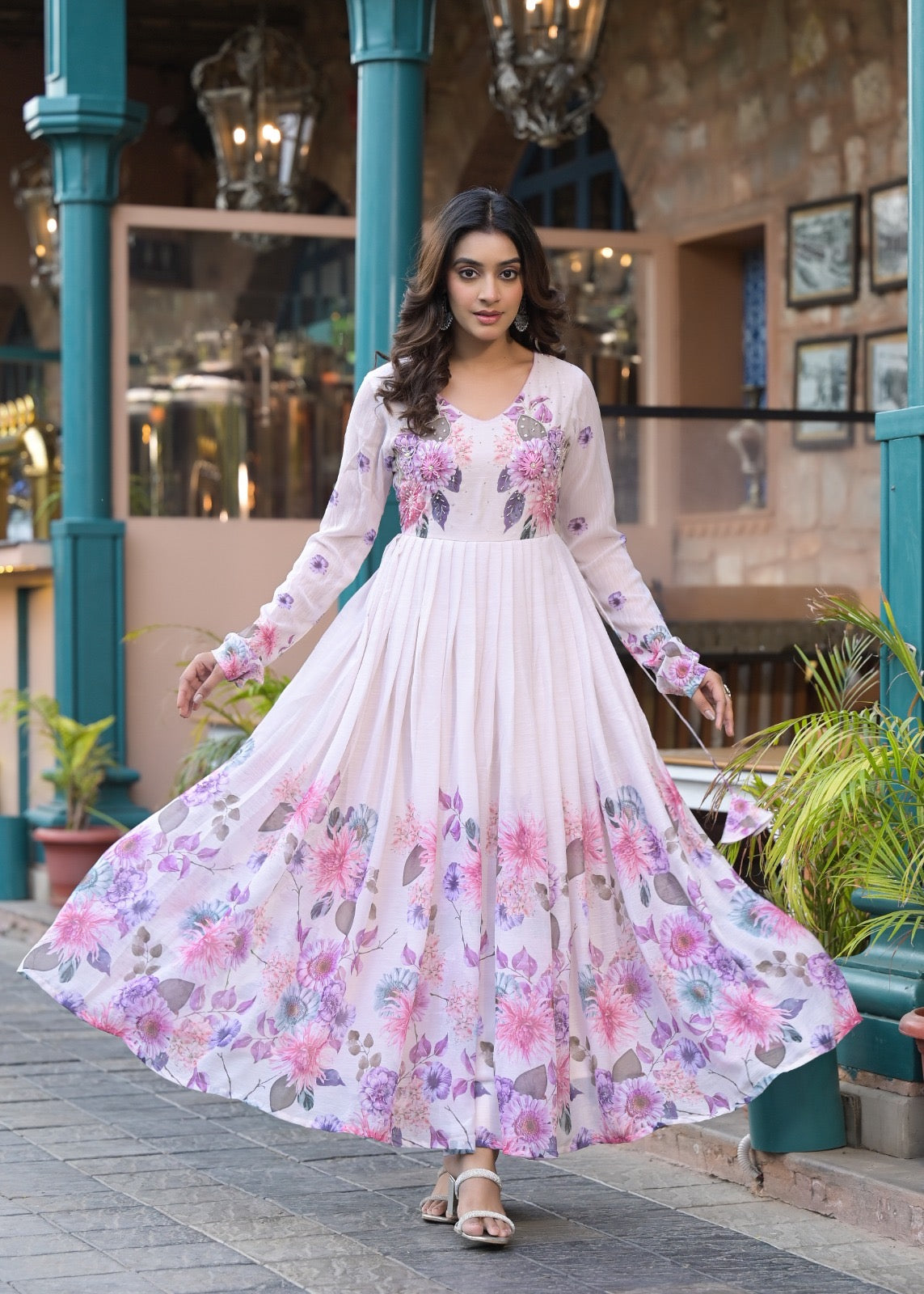 Lilac Floral Embroidered Anarkali Suit Set