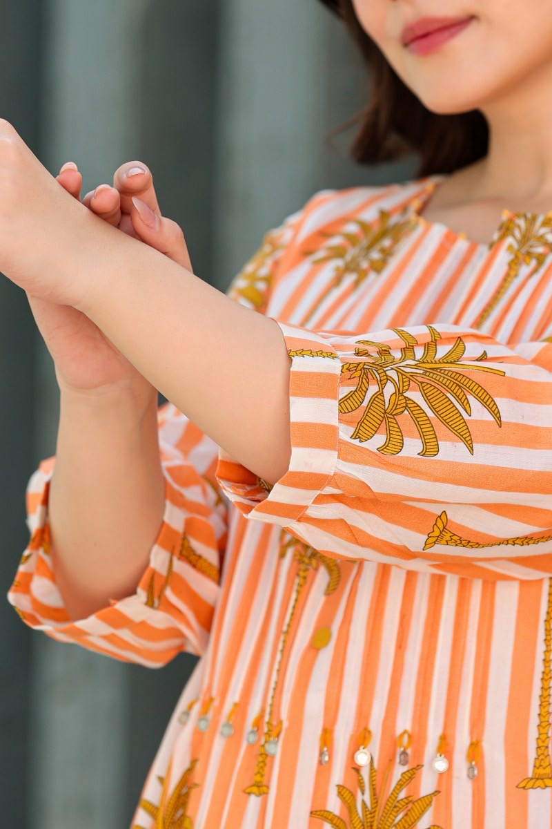 Tropical Floral Orange Cotton Kurta Set