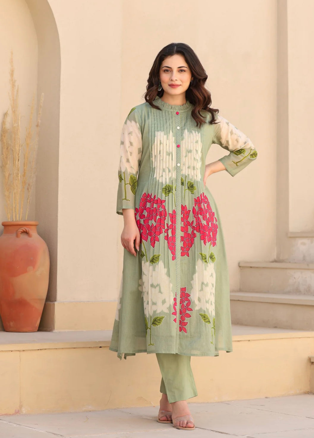 Sage Green Floral Printed Mal Cotton Kurta Set For Women – Light weight Summer Ethnic Wear