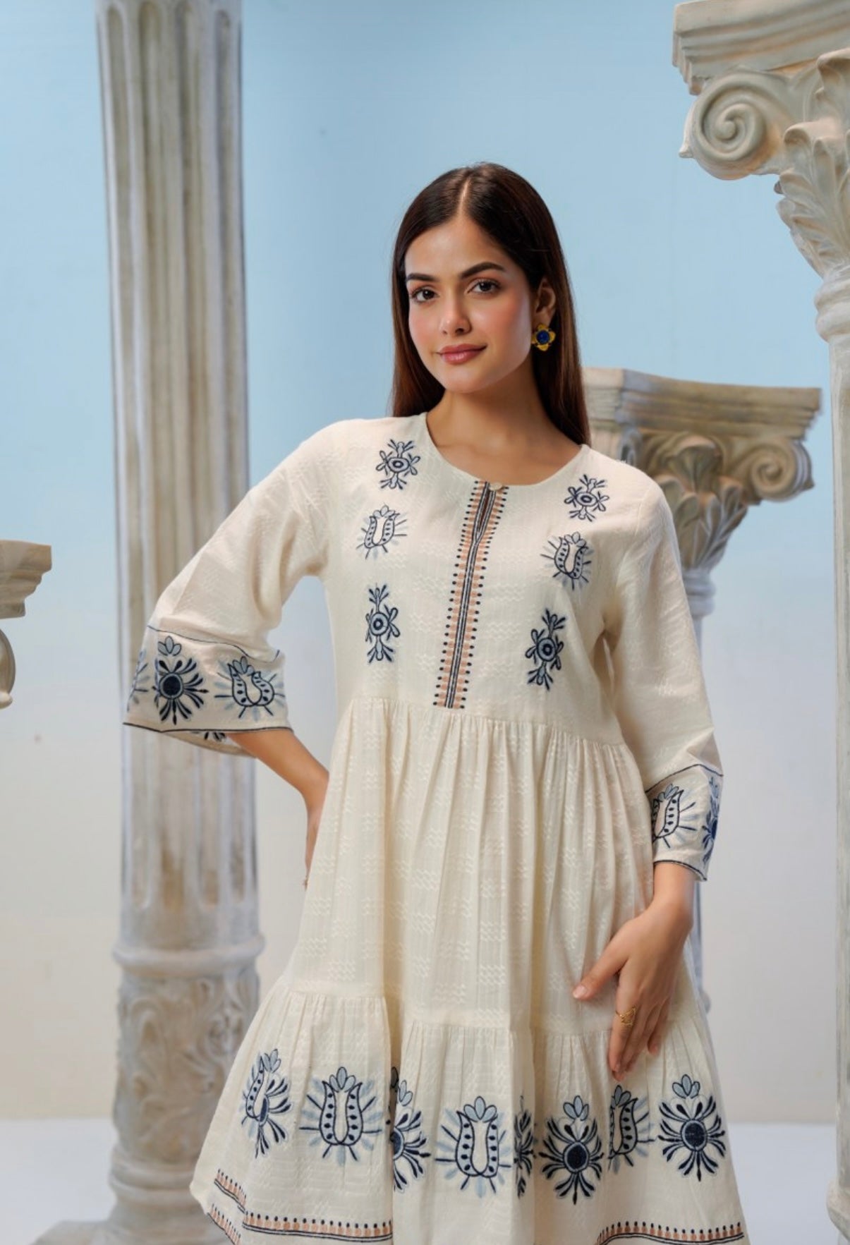 Neelika Ivory Flared Cotton Dress