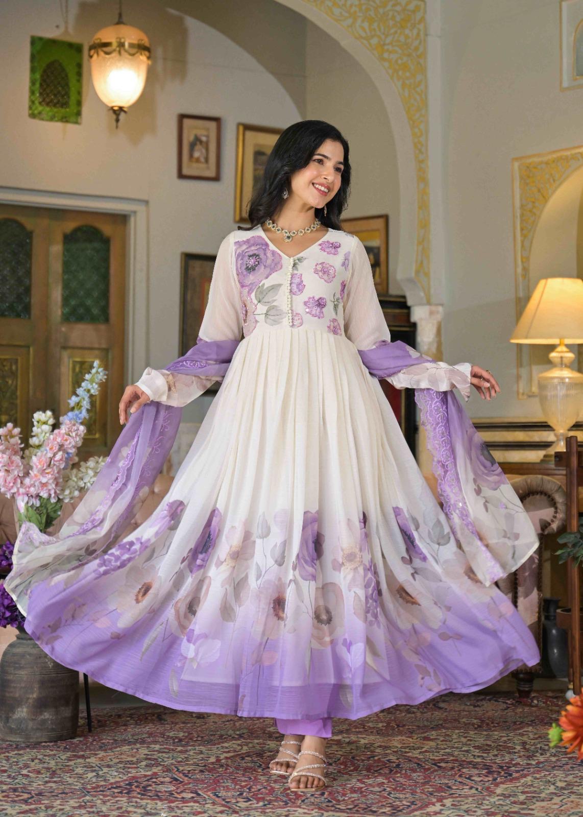 Lavender Blooming Embroidered Anarkali SuitSet