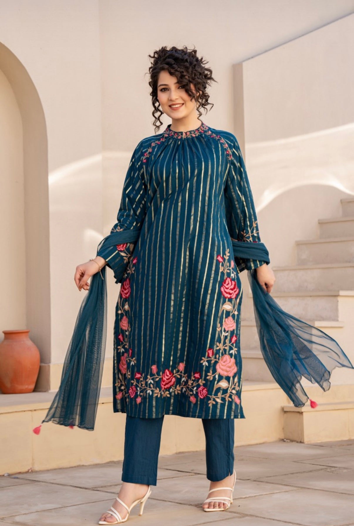LAVANYA BLUE COTTON FLORAL EMBROIDERED SUIT SET