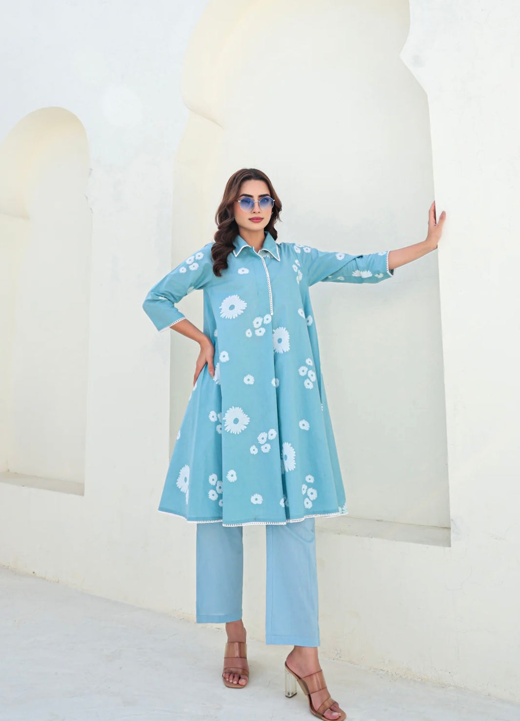 LIGHT BLUE FLORAL COTTON CO-ORDS SET FOR WOMEN A-LINE KURTA WITH PANTS