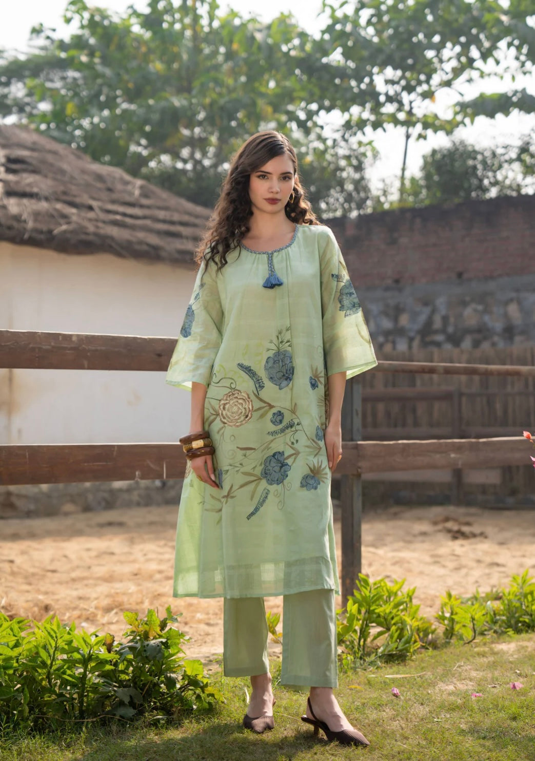 BLUSH GREEN MAL COTTON HAND-PAINTED FLORAL KURTA SET