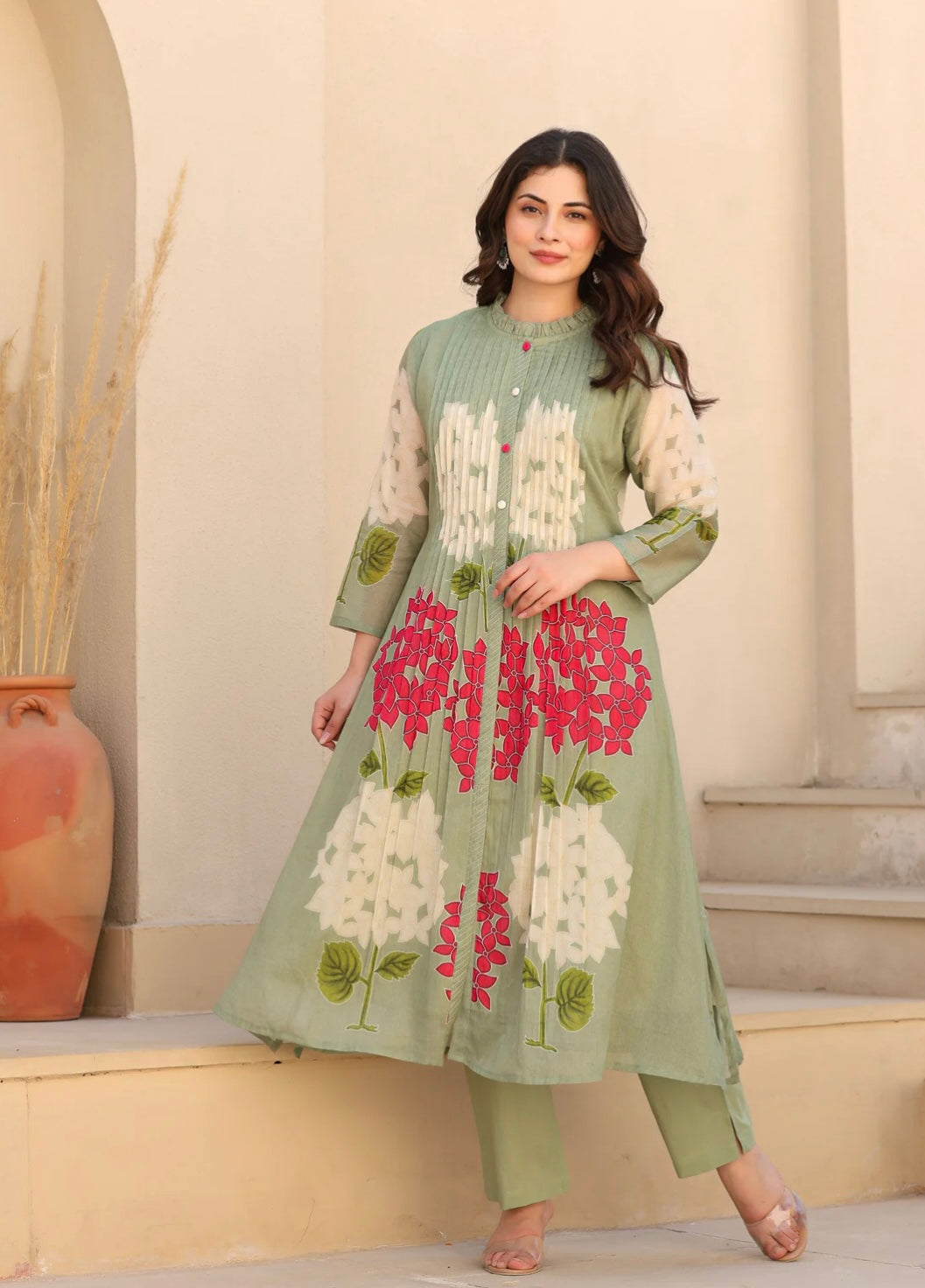 Sage Green Floral Printed Mal Cotton Kurta Set For Women – Light weight Summer Ethnic Wear