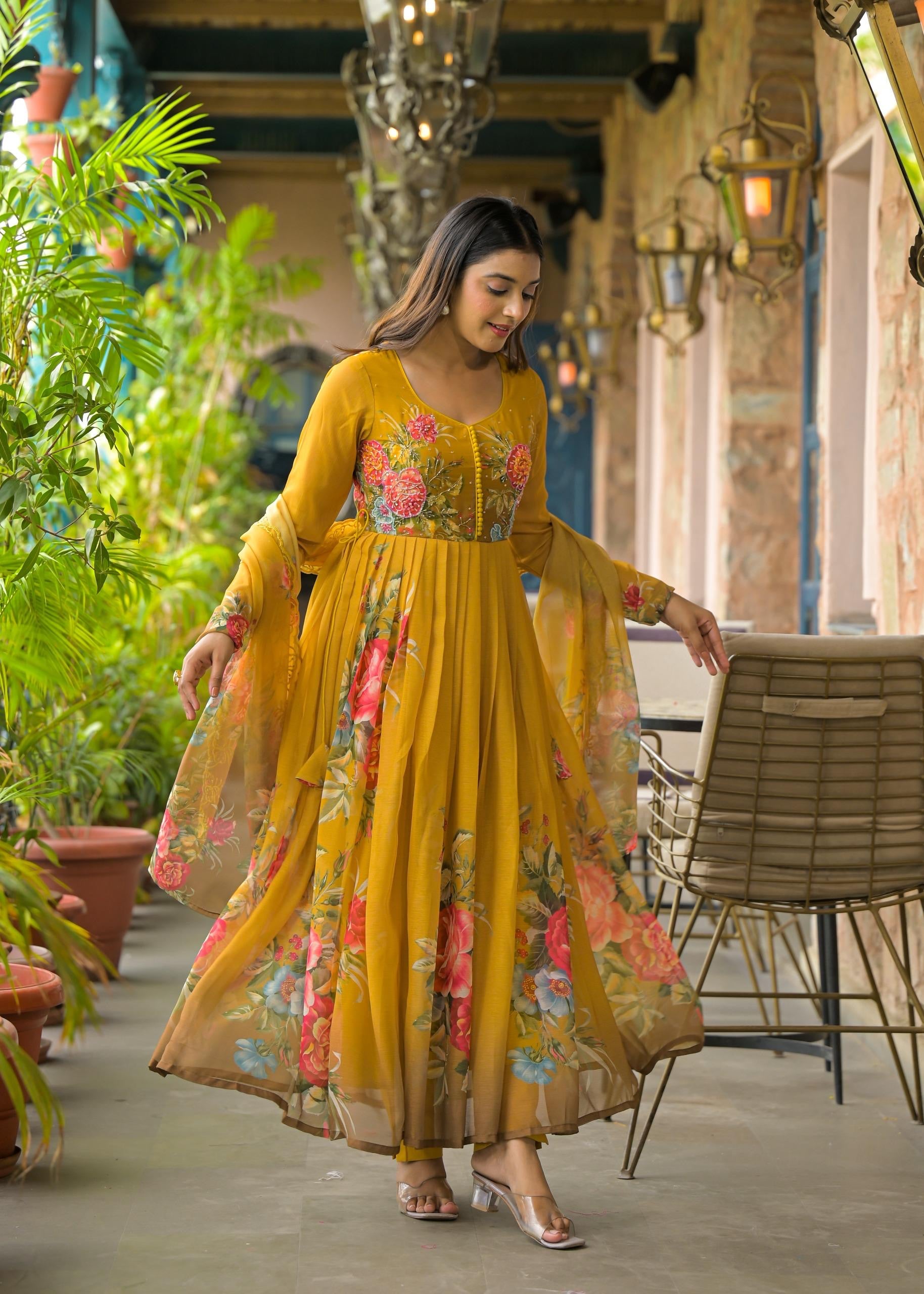 Mustard Ciara Floral Embroidered Anarkali Suit Set