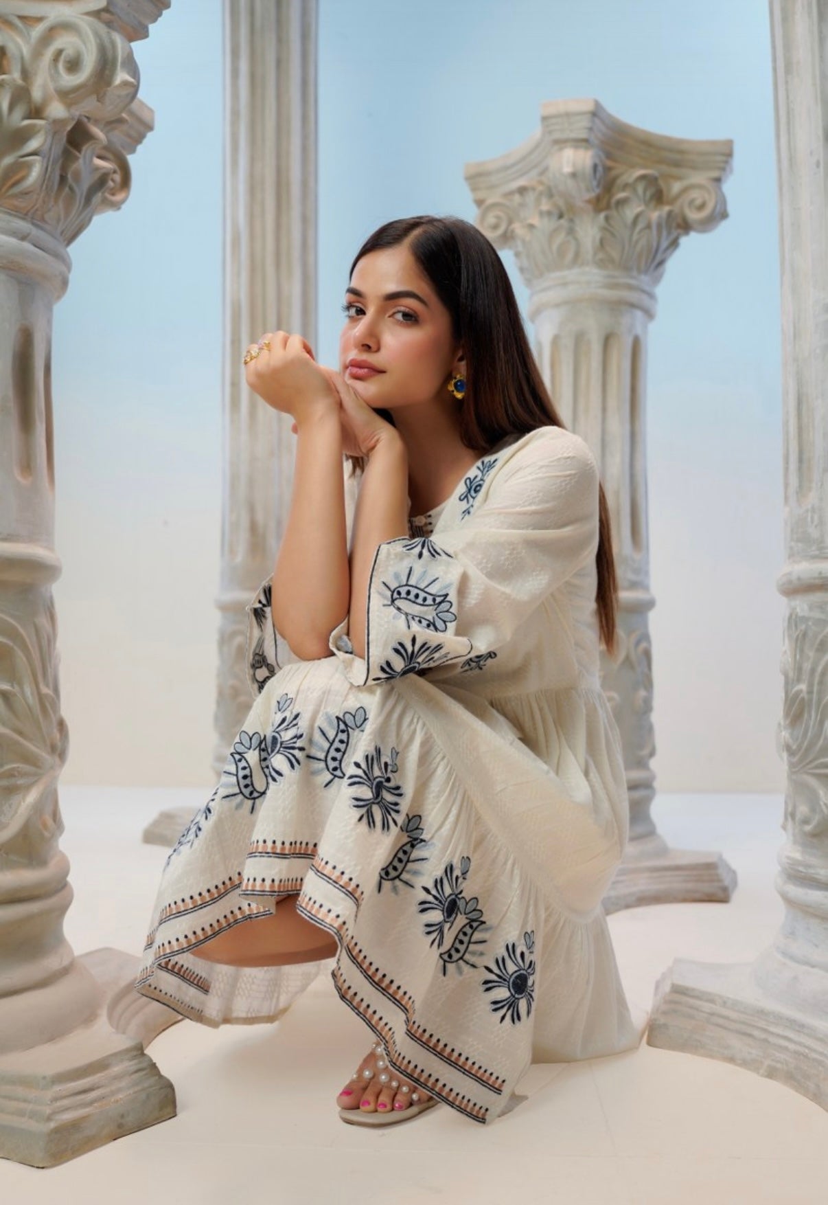 Neelika Ivory Flared Cotton Dress