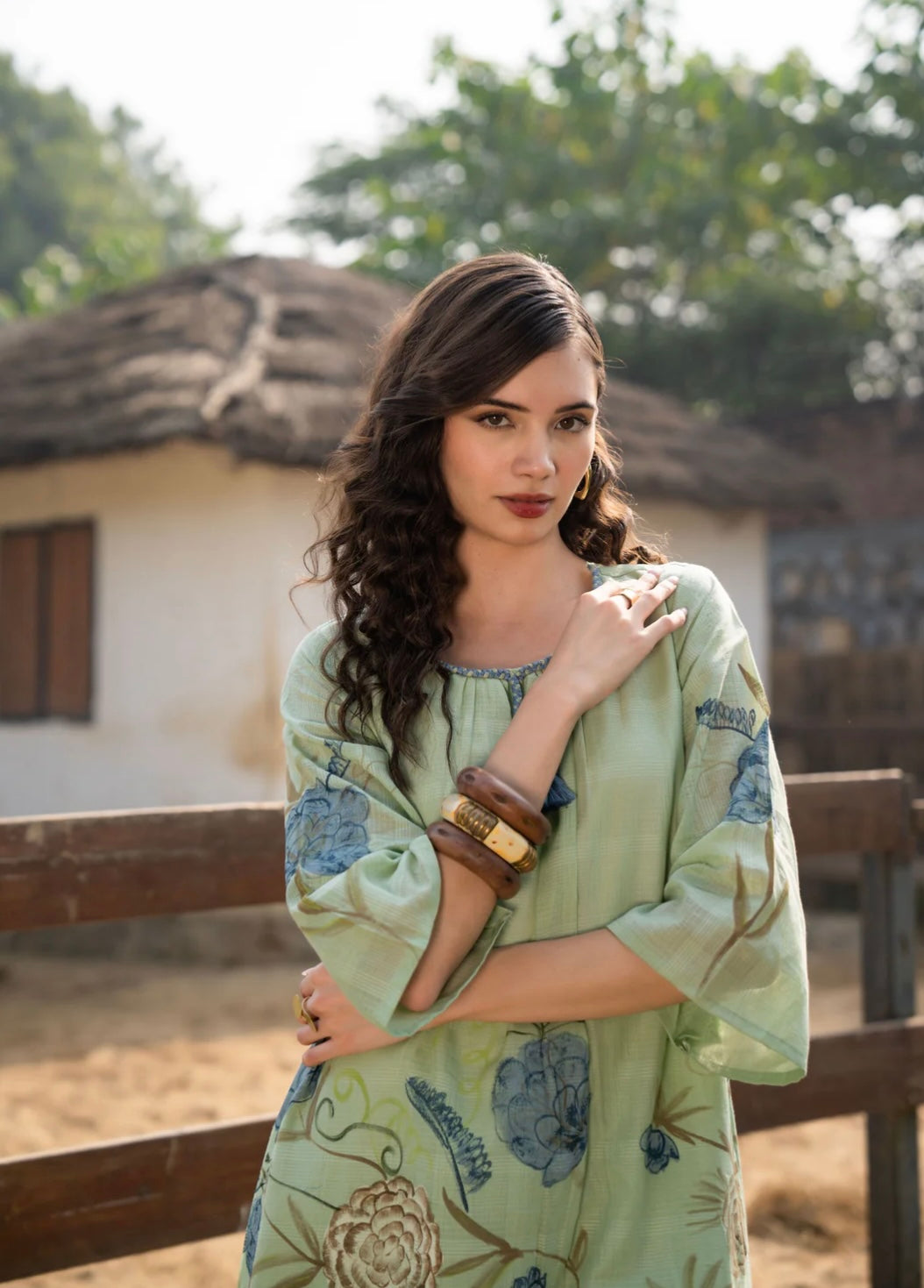 BLUSH GREEN MAL COTTON HAND-PAINTED FLORAL KURTA SET