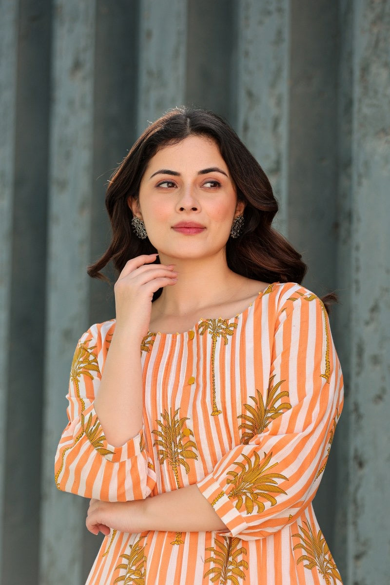 Tropical Floral Orange Cotton Kurta Set