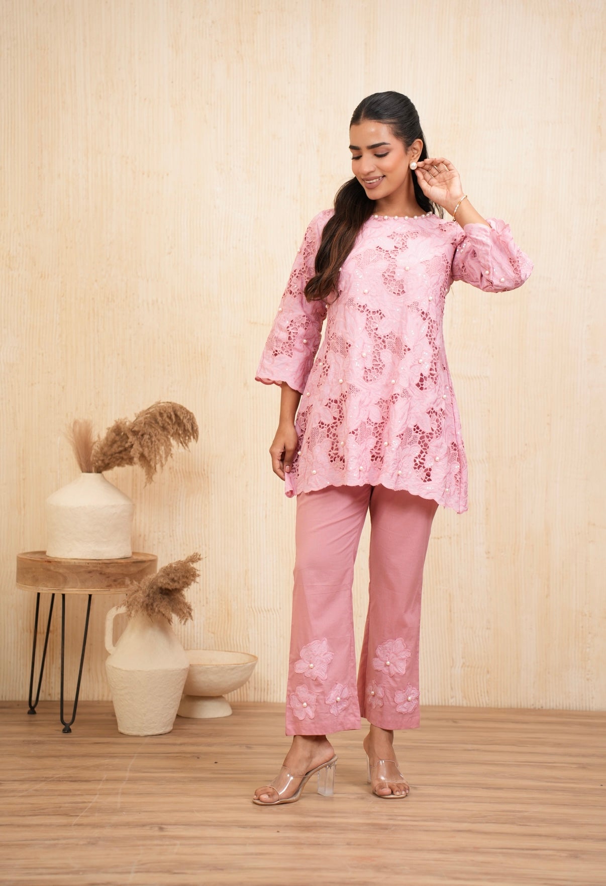 Roseate Charm Cotton Cutwork Embroidered Co-ord Set