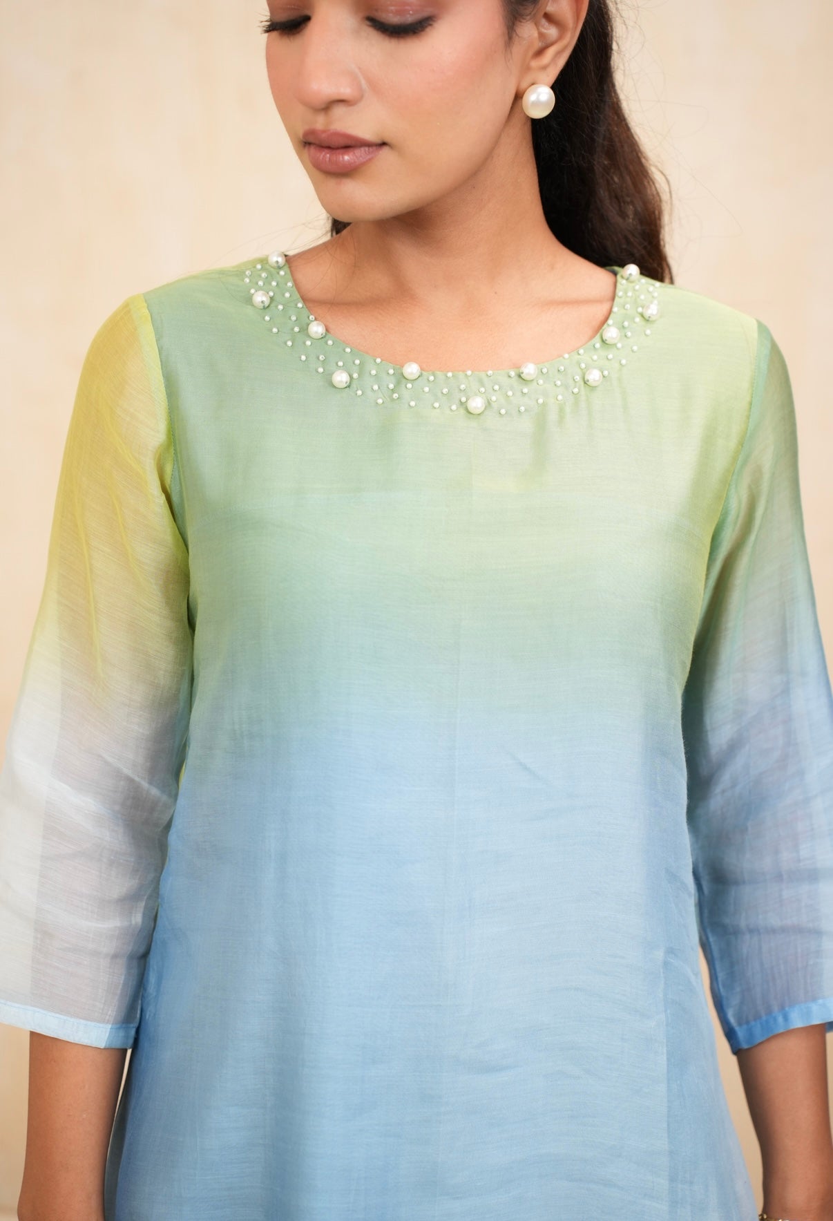 Ocean Mist Mal Chanderi Embroidered Kurta Set