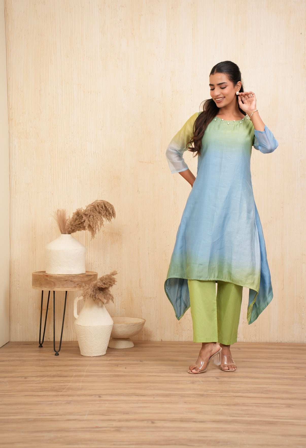 Ocean Mist Mal Chanderi Embroidered Kurta Set