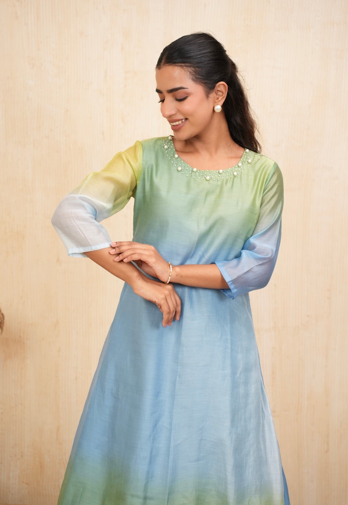 Ocean Mist Mal Chanderi Embroidered Kurta Set