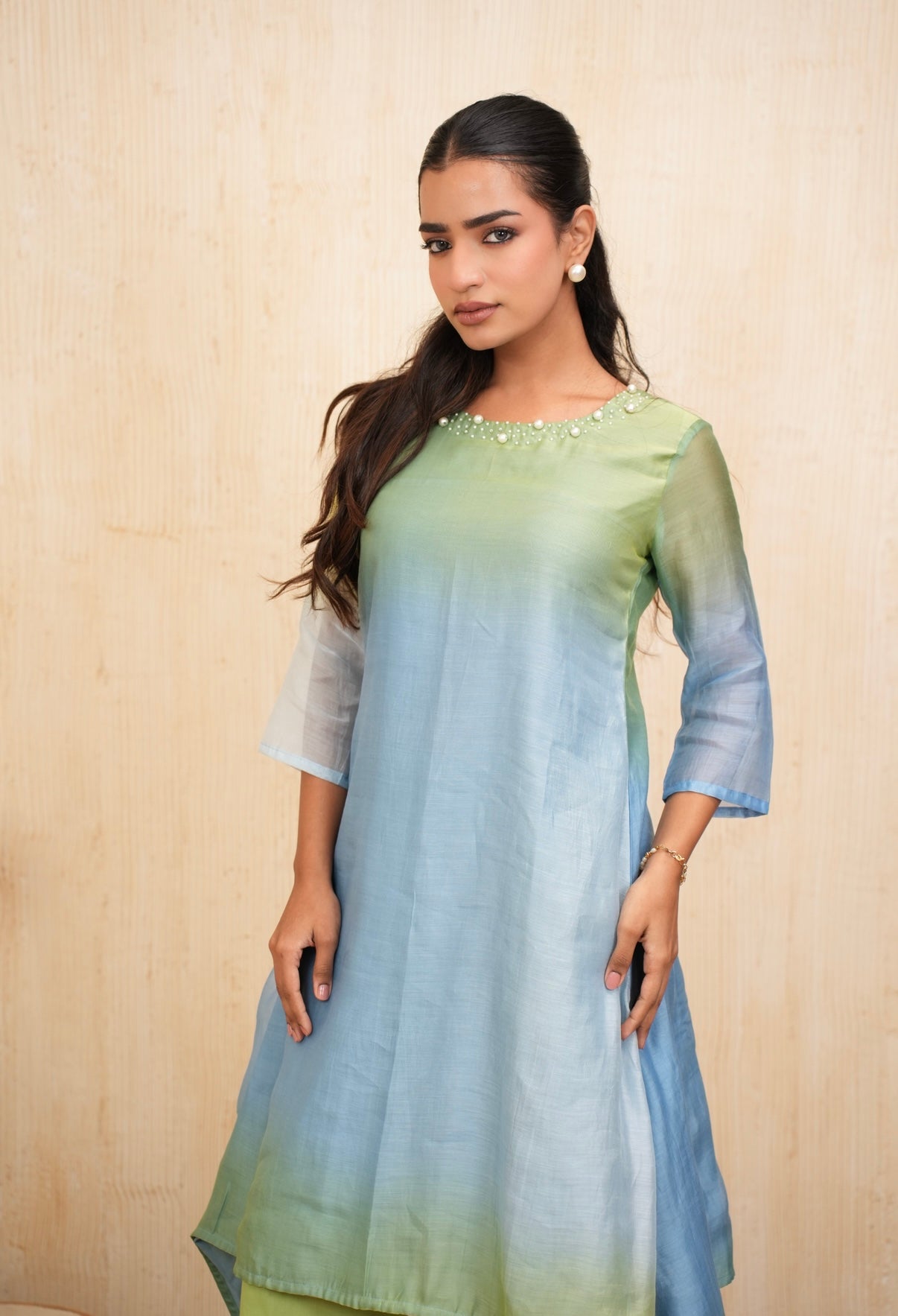 Ocean Mist Mal Chanderi Embroidered Kurta Set