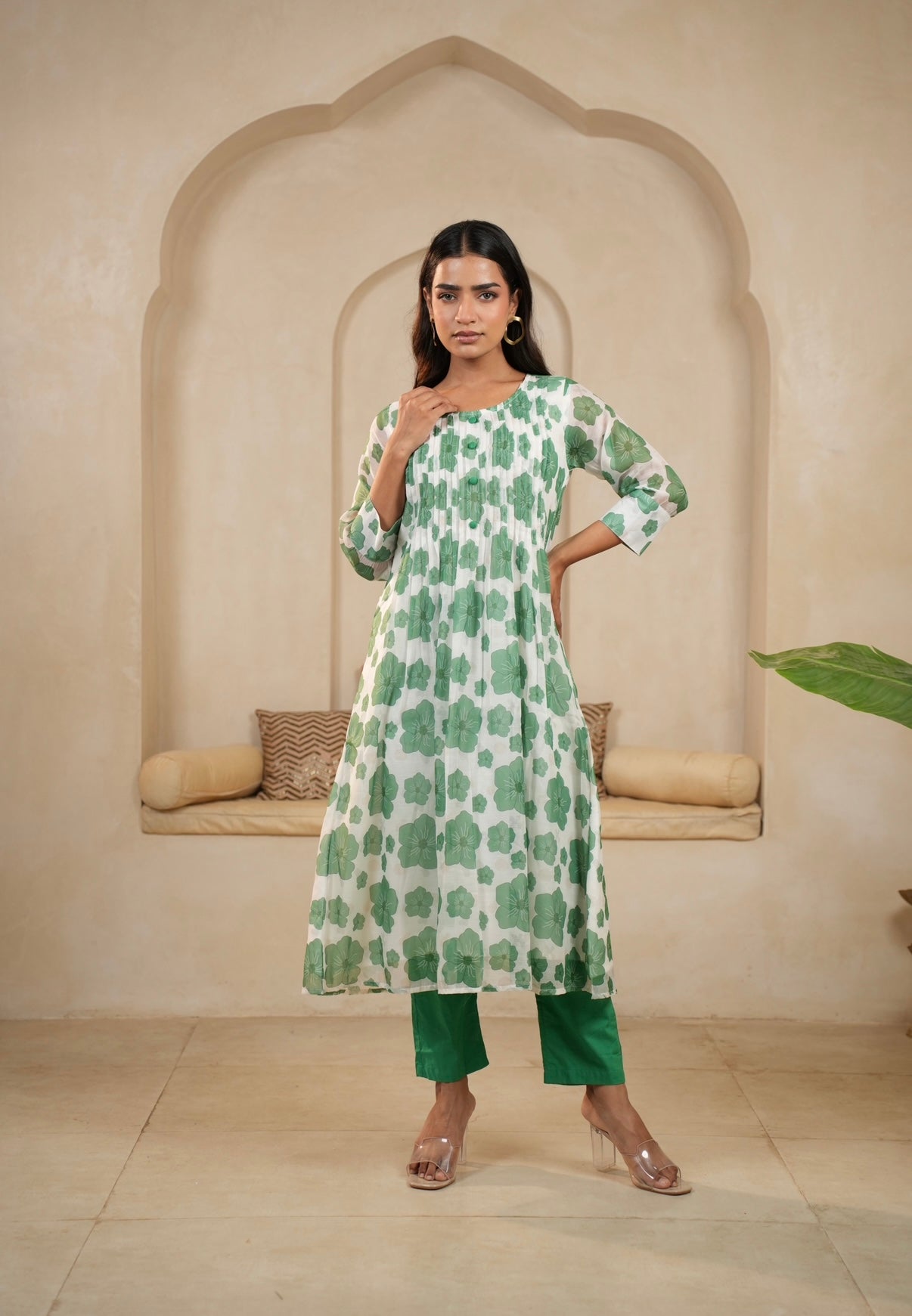 Green Petal Charm Mal Chanderi Kurta Set