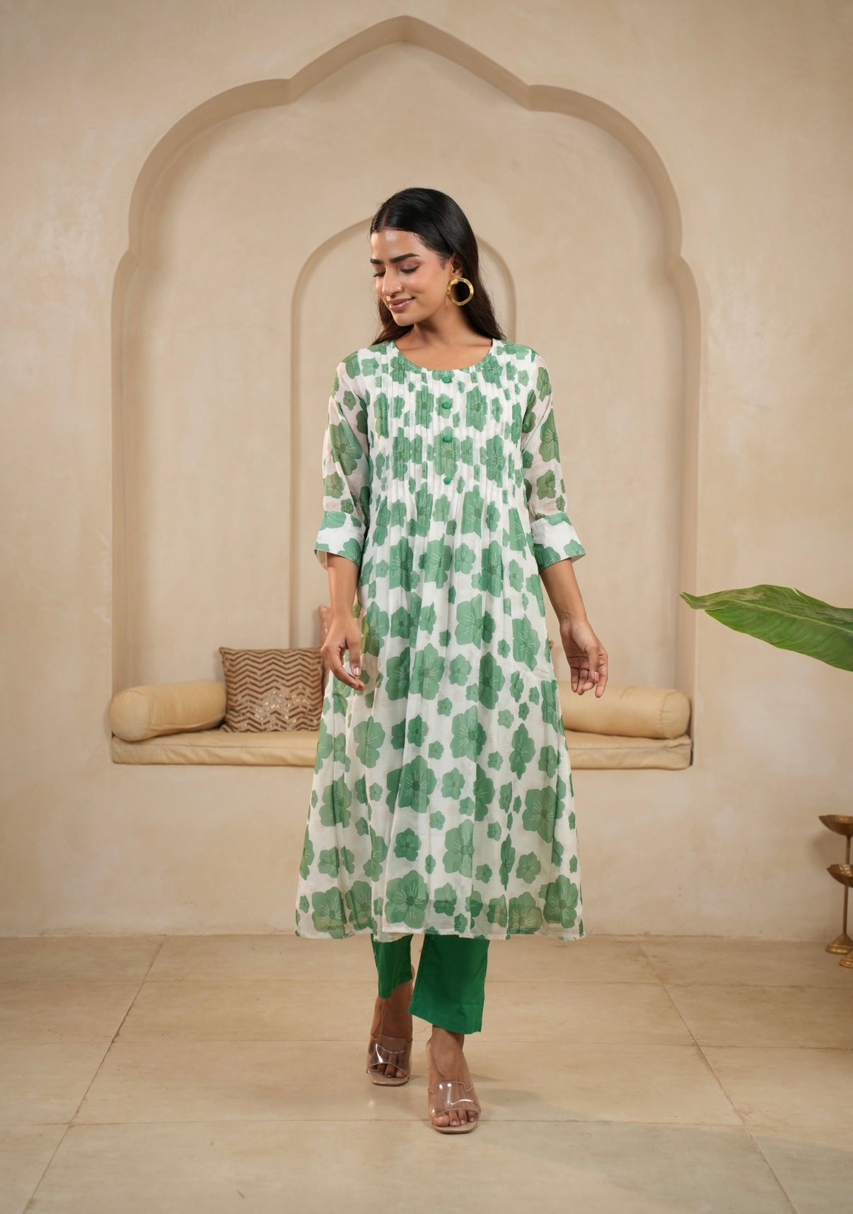Green Petal Charm Mal Chanderi Kurta Set
