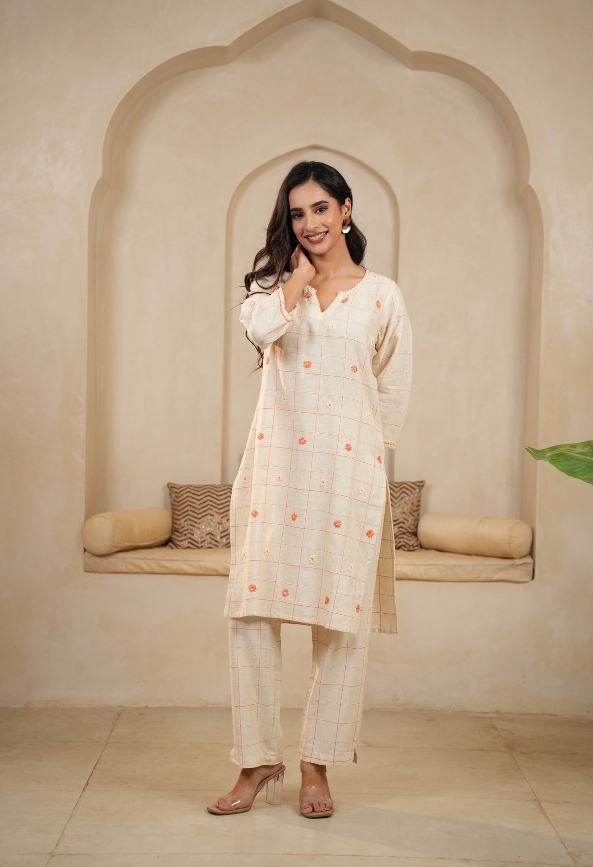 Cream Blossom Hand-Embroidered Cotton Co-ord Set