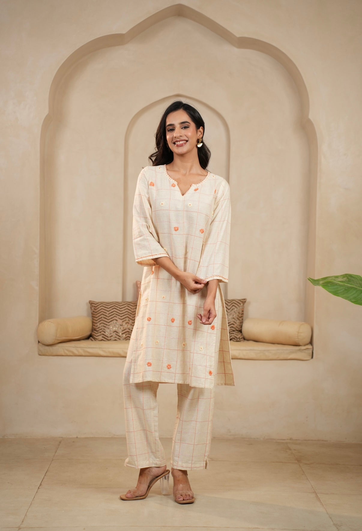 Cream Blossom Hand-Embroidered Cotton Co-ord Set