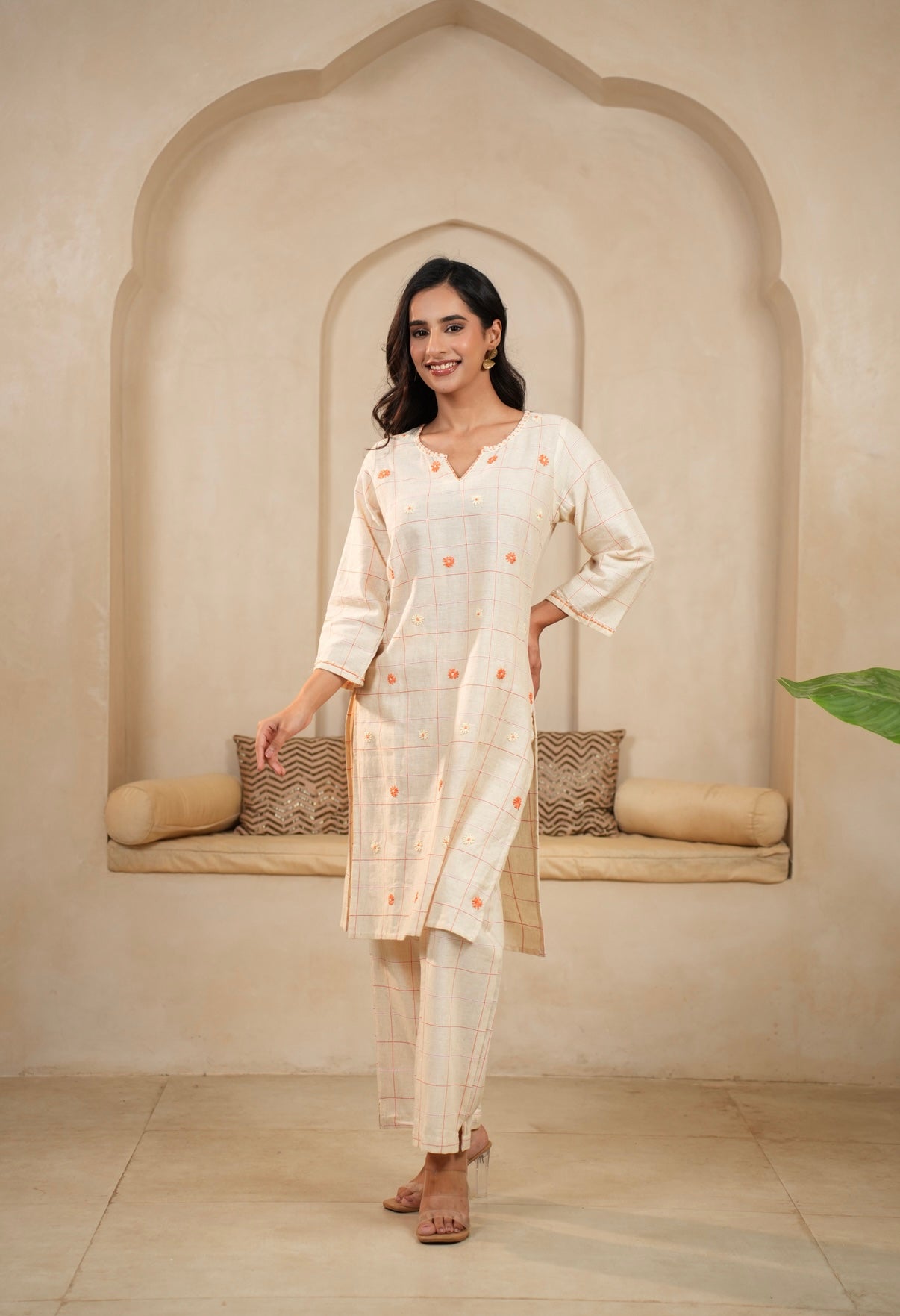 Cream Blossom Hand-Embroidered Cotton Co-ord Set