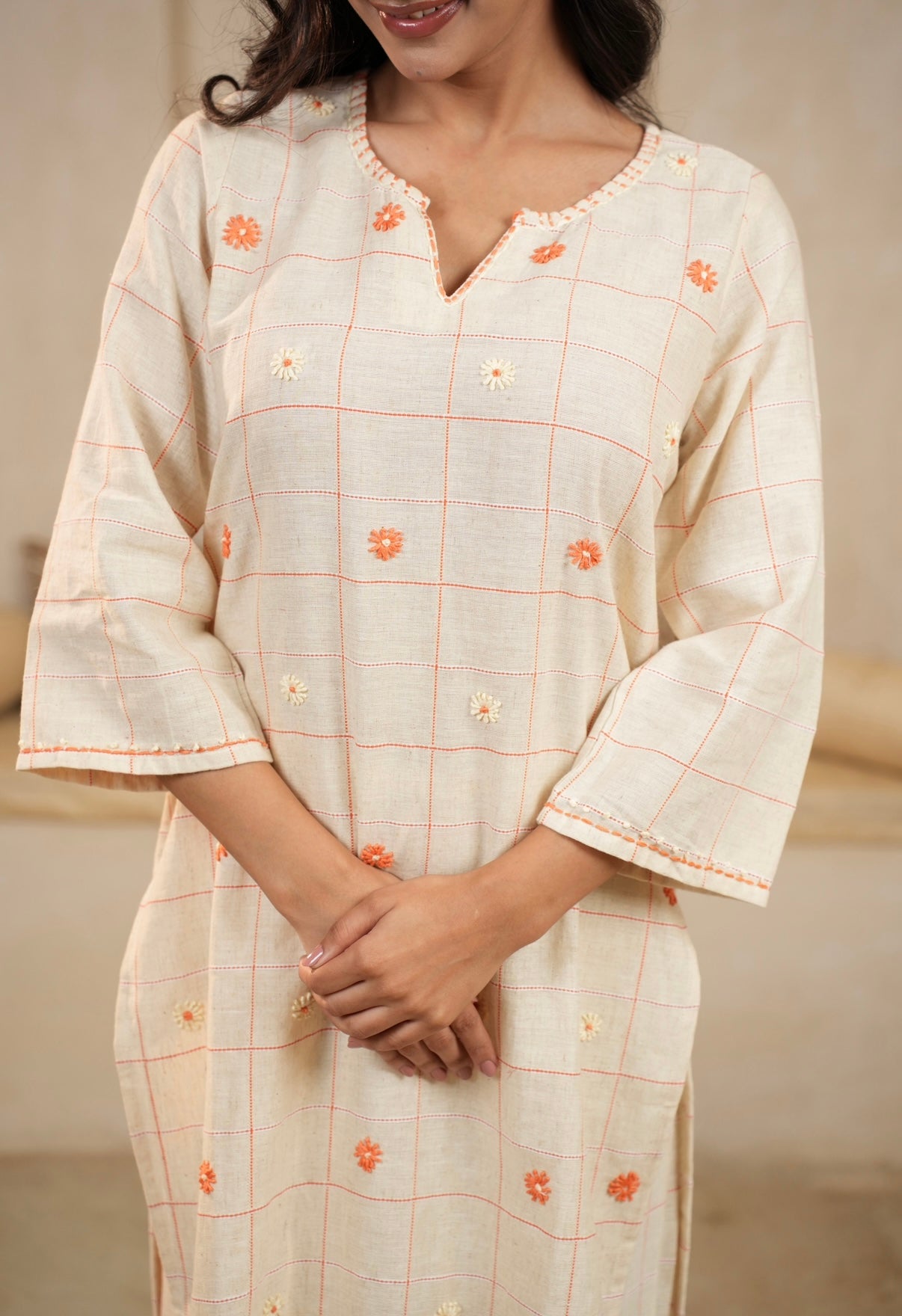 Cream Blossom Hand-Embroidered Cotton Co-ord Set