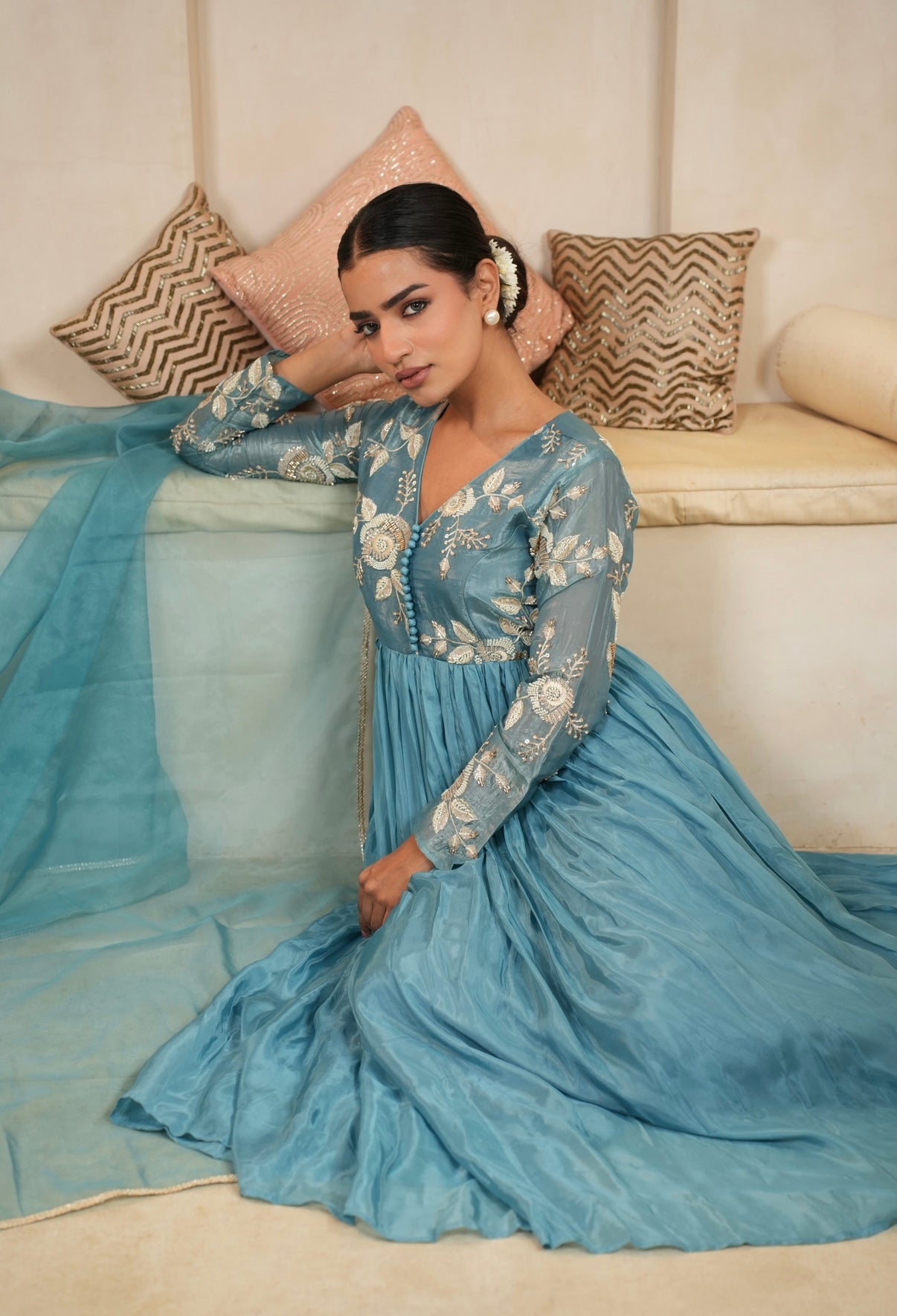 Teal Bloom Embroidered Anarkali Set
