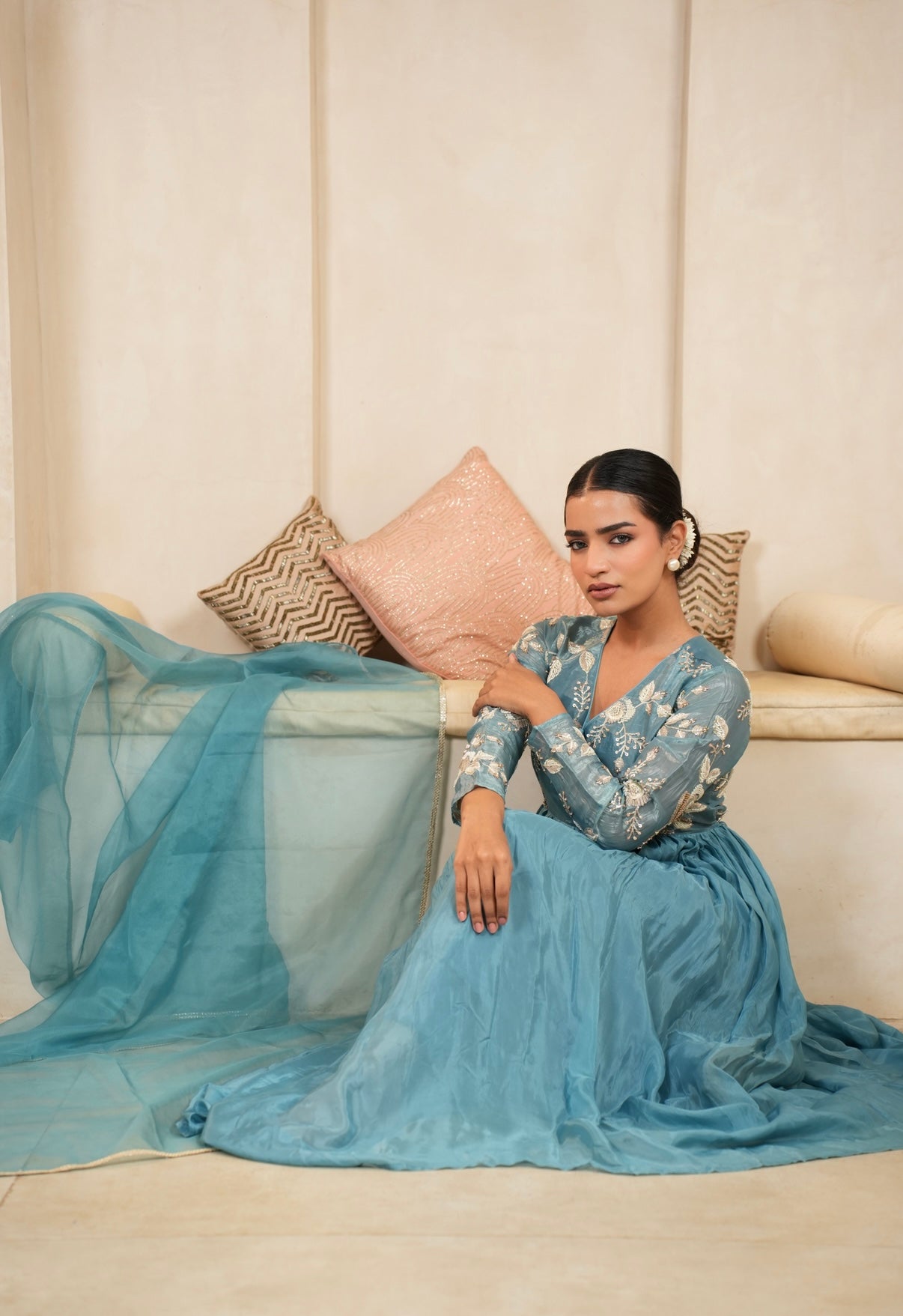 Teal Bloom Embroidered Anarkali Set